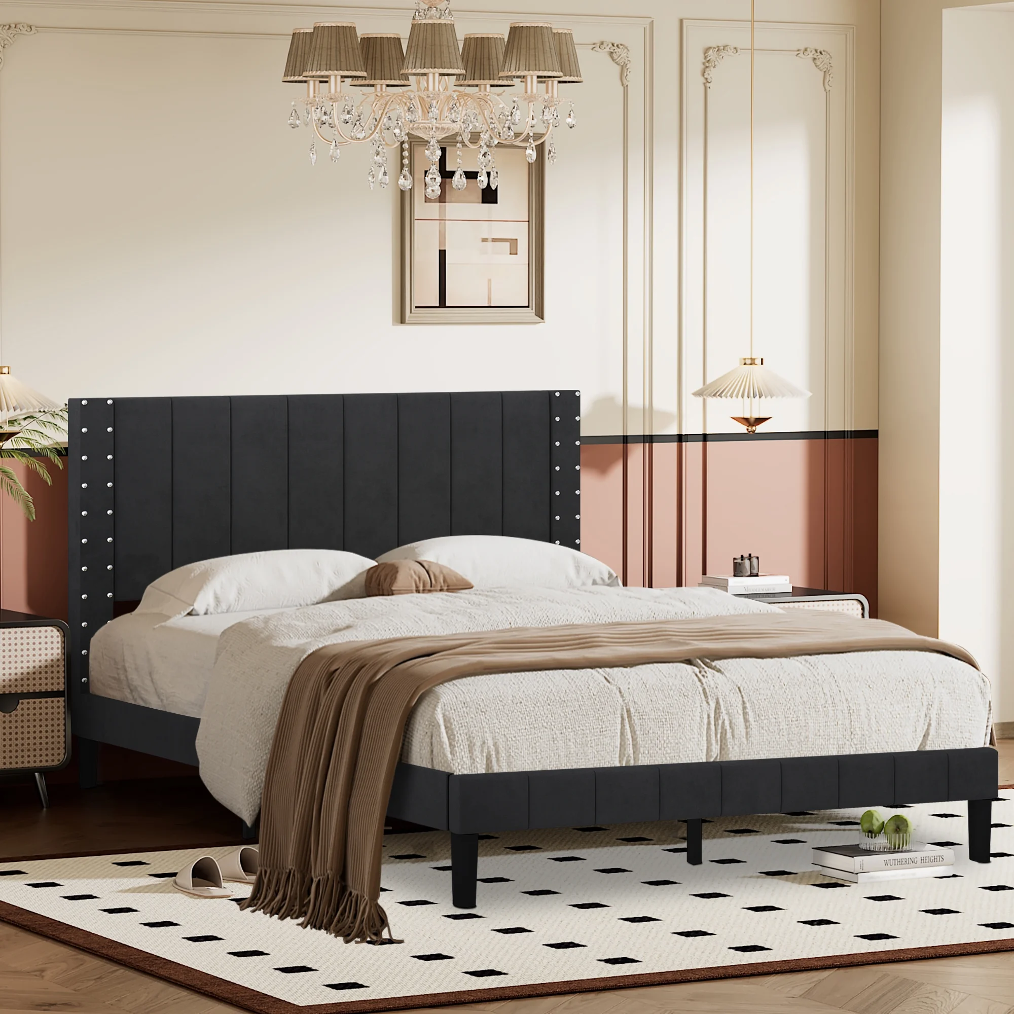 uhomepro Upholstered Platform Bed Frame, Queen Bed Frame for Bedroom with Nailhead Trim Headboard, Wood Slats Support, No Box Spring Needed, Black