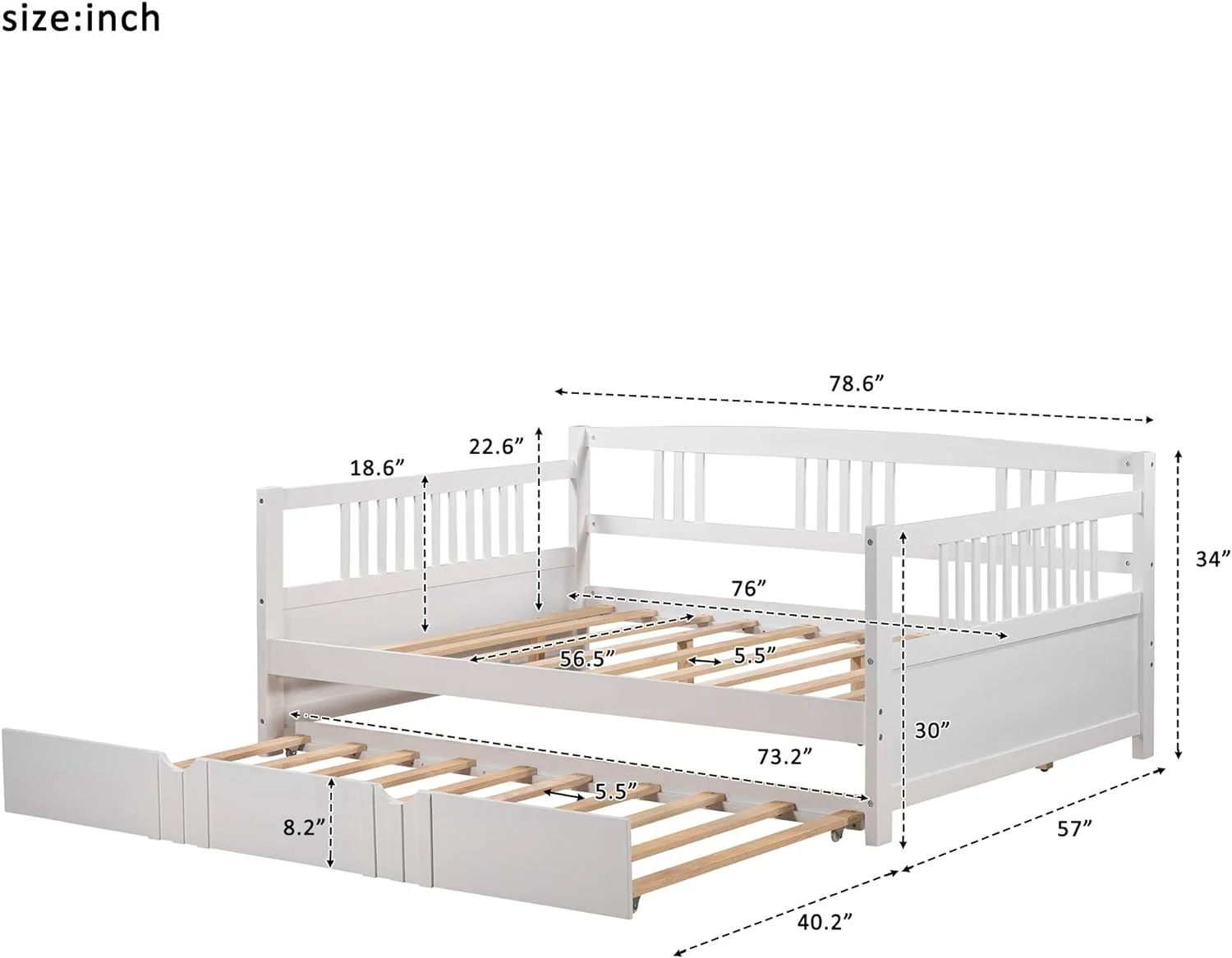 Full Size Daybed Wood Daybed Frame Wih rudle, For Kids ees Guess. o Box Sprig eeded, Bedroom Livig Room Furiure (Whie)