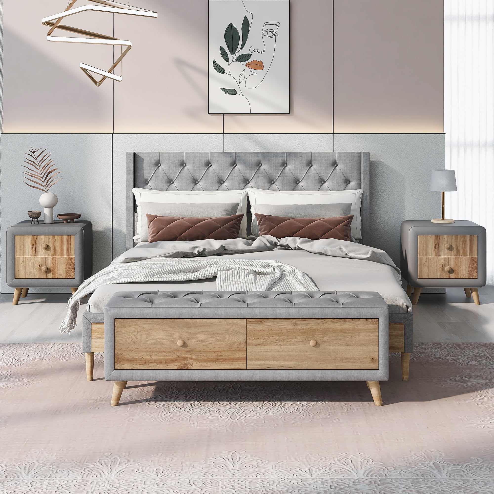 Royard Oaktree 4-Pieces Bedroom Sets Queen Size Upholstered Platform Bed with Two Nightstands and Storage Bench, Gray