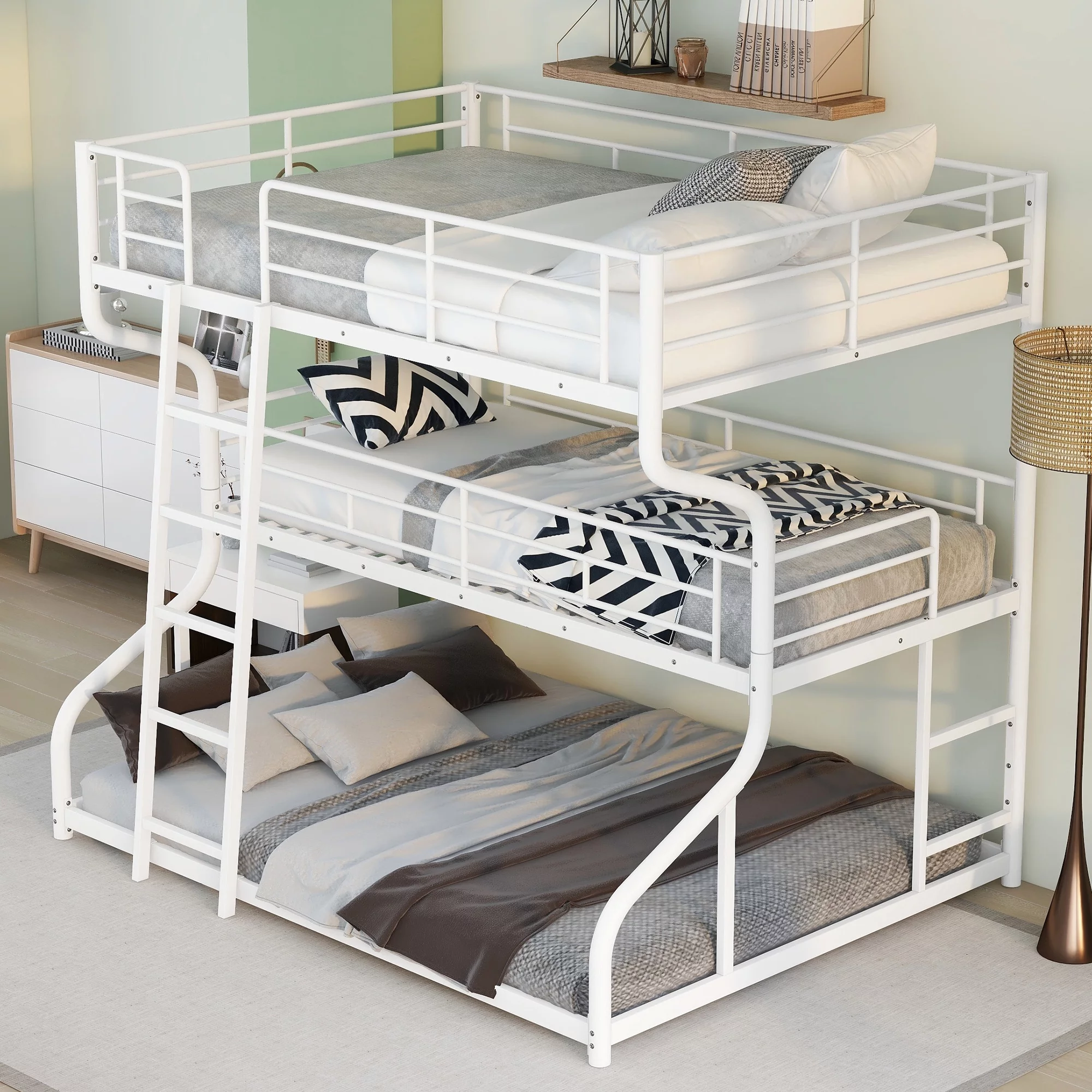 LANTRO JS Full XL over Twin XL over Size Triple Bunk Bed with Long and Short Ladder,White