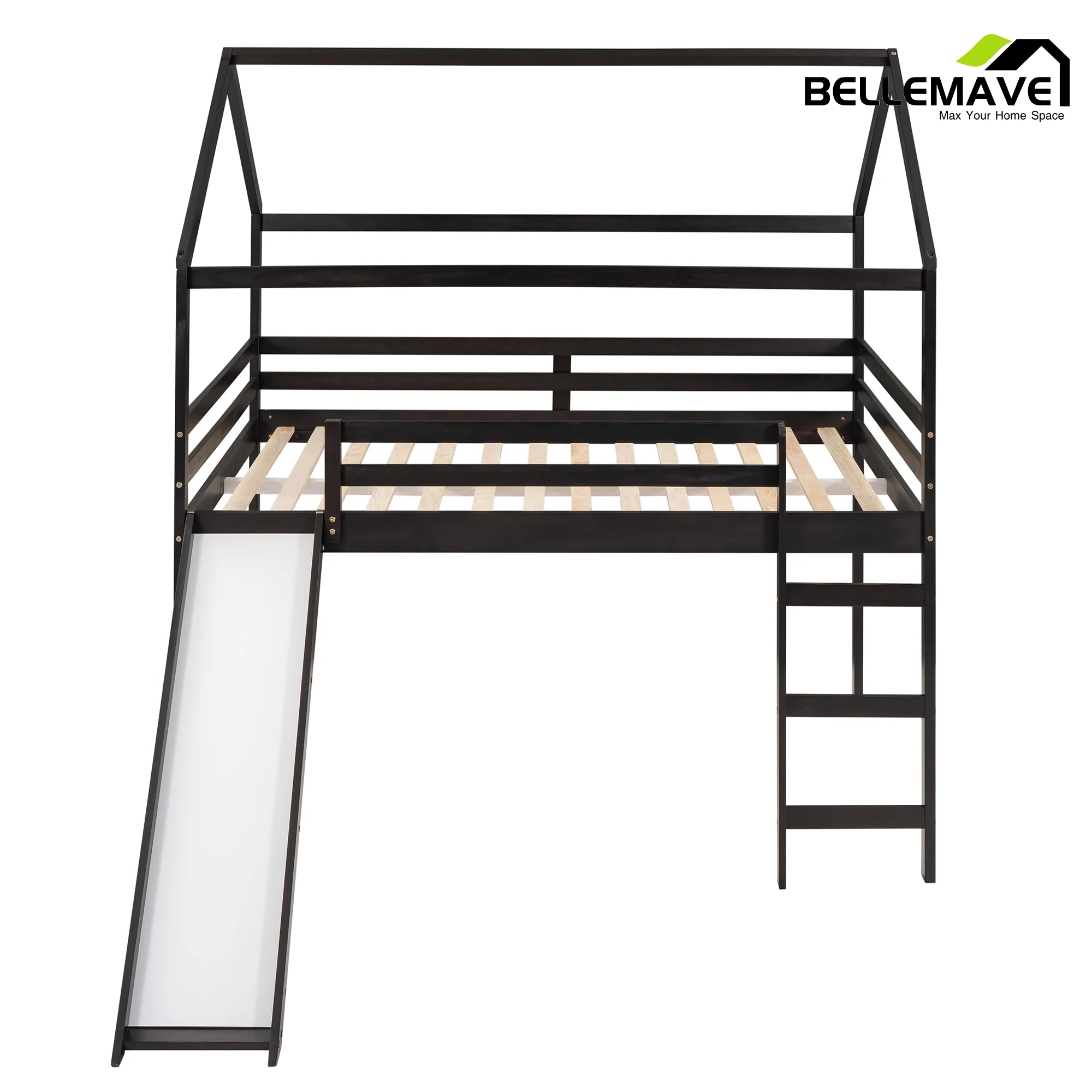 Bellemave Espresso Full Size Kids Loft Bed with Slide for Boys, Girls, Wood Kids House Loft Bed with Roof, Slide and Ladder for Kids, Teen, Bedroom