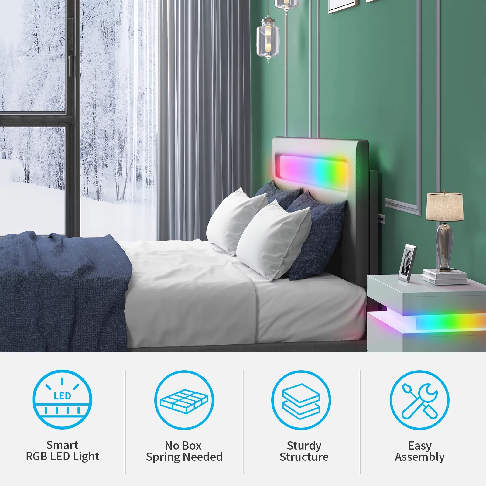 Mjkone Full Size Bed Frame with RGB LED Headboard, Platform Bed Frame with Smart LED Strip Light, RGB LED Light Controlled by Alexa or APP, Full Bed Frames Adjustable Lighting Effects(Full, Grey)