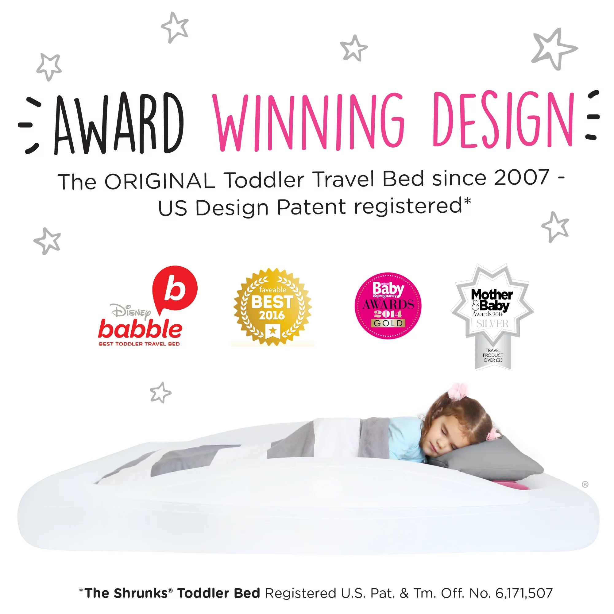 The Shrunks Toddler Travel Bed Portable Inflatable Air Mattress Blow Up Bed for Indoor/Outdoor Camping, Backyard, Hotel, or Home Use Kids Floor Bed with Security Bed Rails and Electric Pump Pink