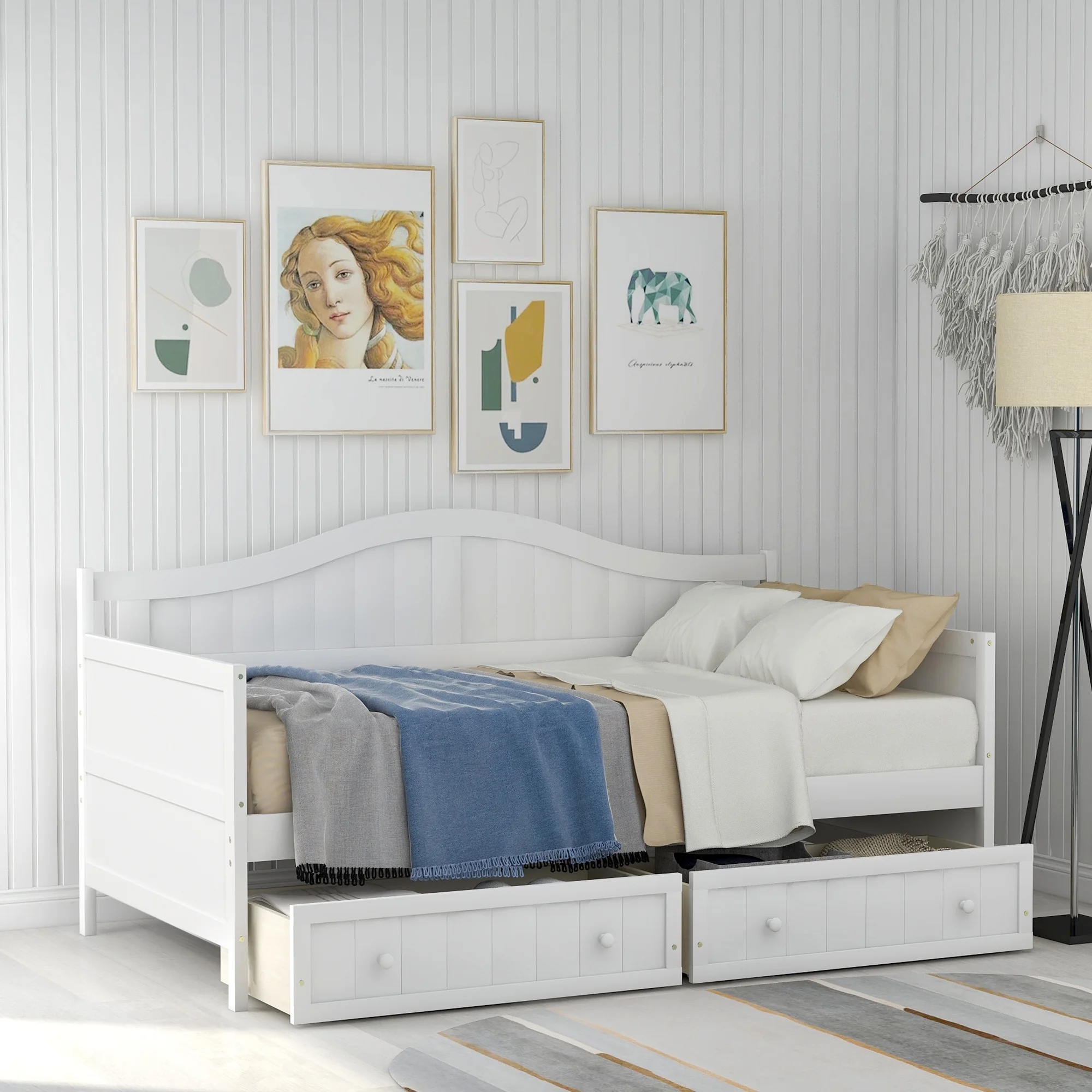 Gewnee Wood Twin Size Daybed with Two Storage Drawers for Kids Bedroom,White