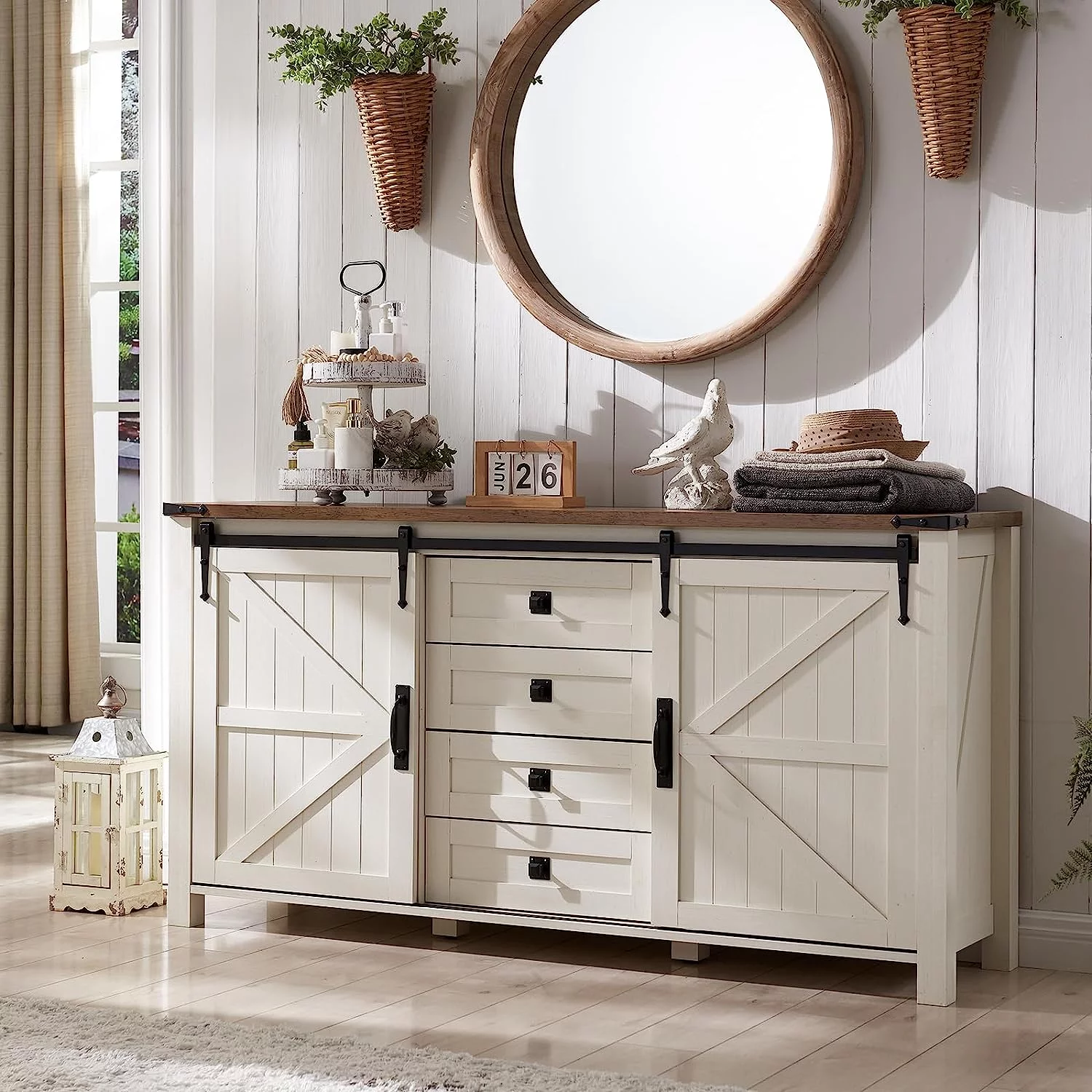 OKD 4 Drawer Dresser, Farmhouse Modern Storage Cabinet for Bedroom, White Chest of Drawers Wood Organizer TV Stand for Living Room