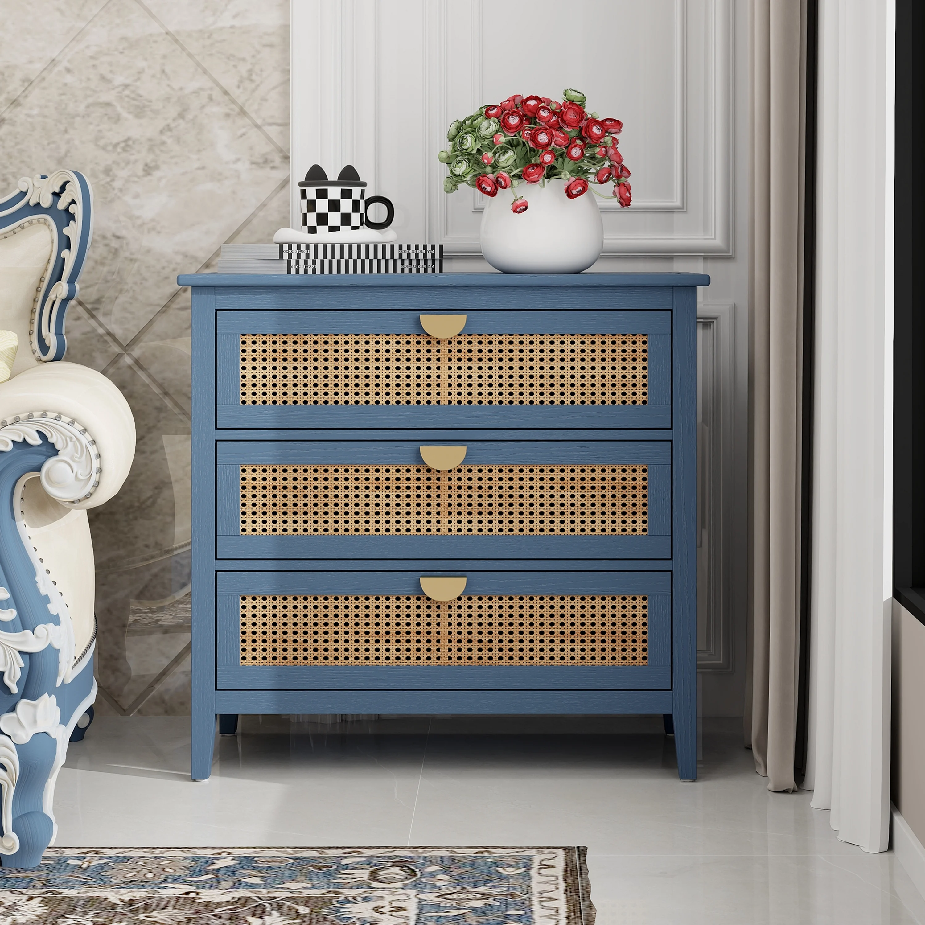 3 Drawer Dresser,Rattan Dresser for Bedroom, Mid-Century Modern Nightstands Organizer Dresser for Closet Hallway,Entryway,Living Room,Blue