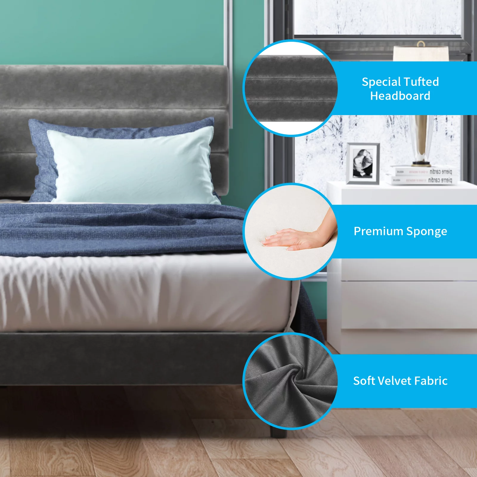 MUZZ Modern Upholstered Velvet Bed Frame, King Size Deluxe Platform Bed Frame Tufted Fabric with Adjustable Headboard/ Strong Wood Slats Support/ Mattress Foundation | Dark Grey, King