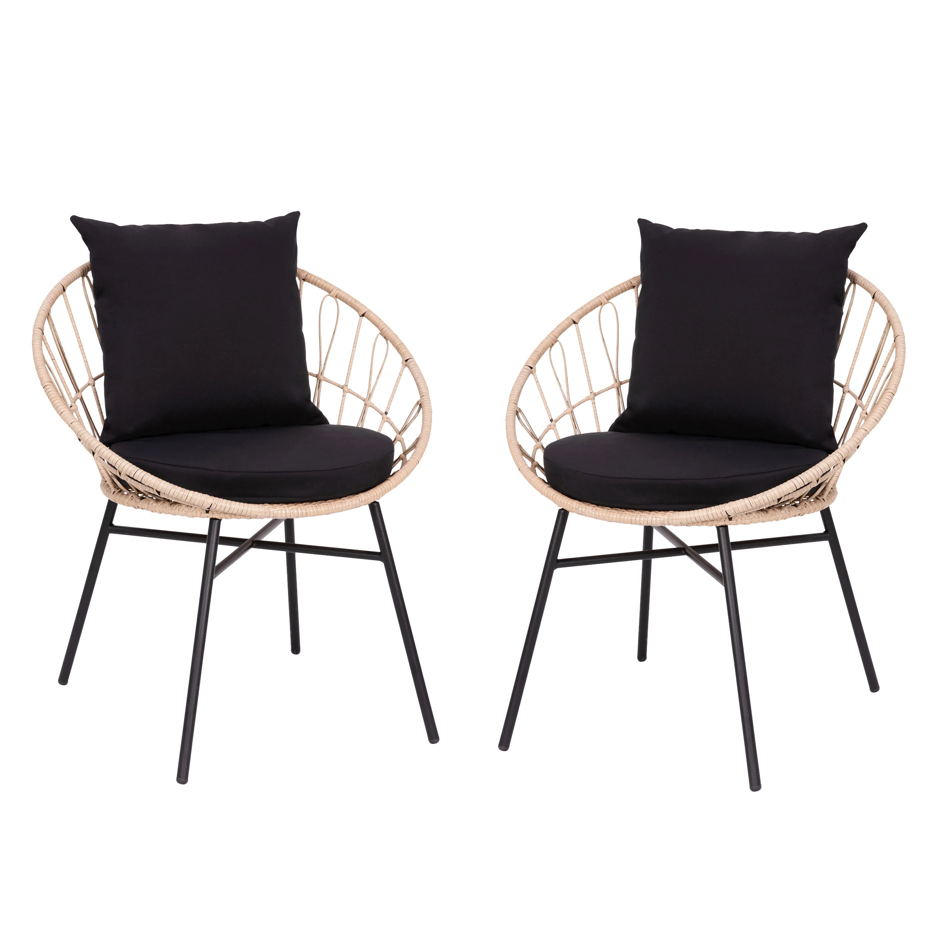 BizChair Set of 2 Indoor/Outdoor Modern Papasan Patio Chairs, Rope with Tan Finish PE Wicker Rattan and Black Cushions