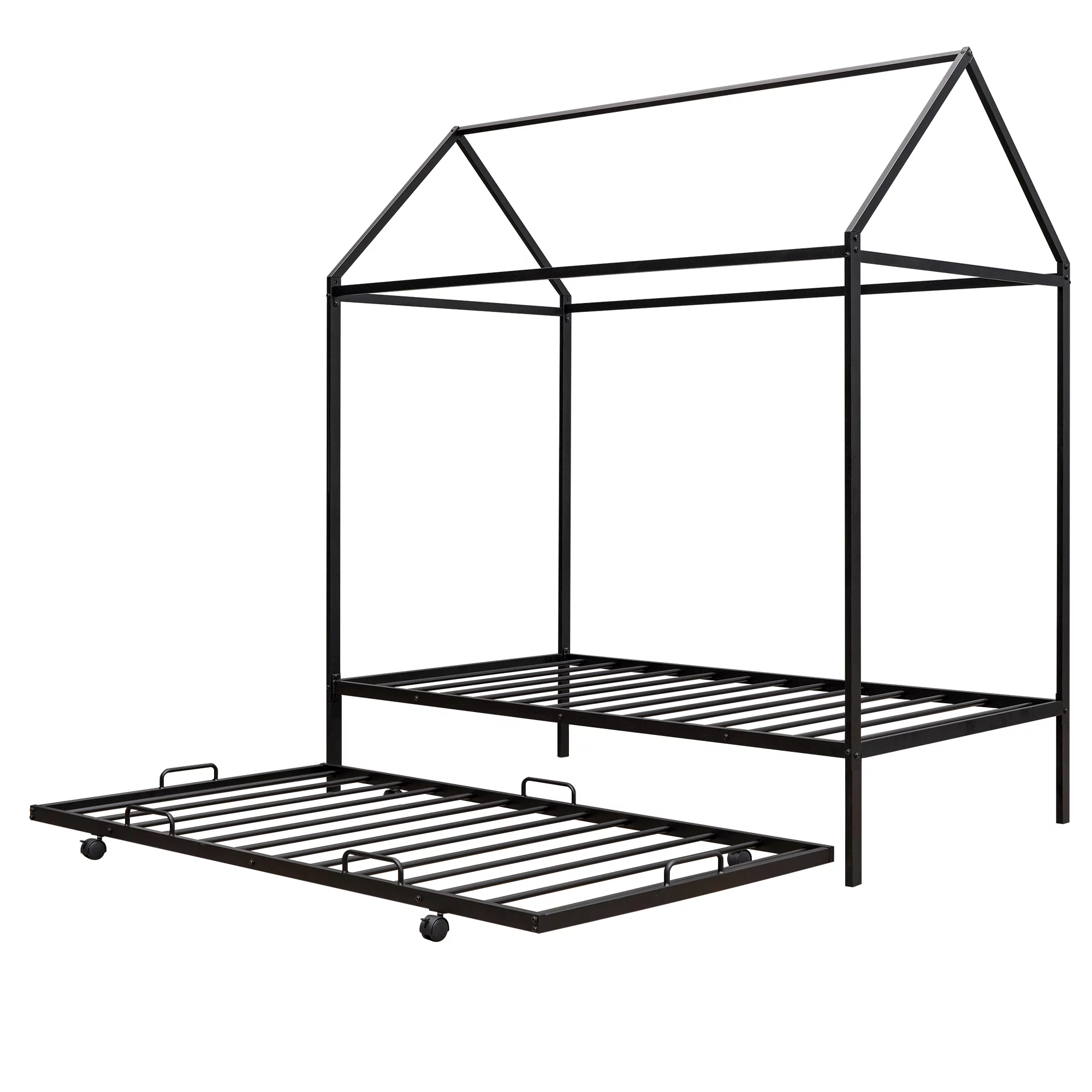 Sesslife House Bed with Trundle, Twin Size Metal House Bed Frame with Slats Support, Modern Twin House Bed for Kids Boys Girls, No Box Spring Needed, Black