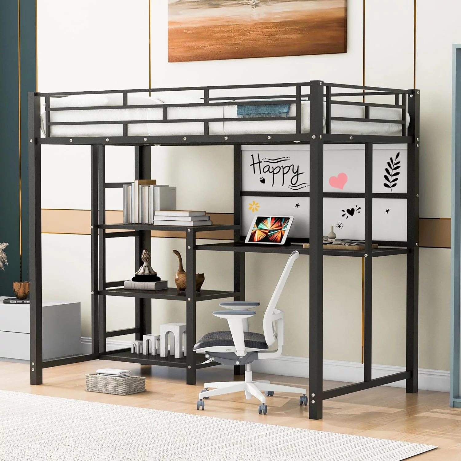 Size Loft Bed With Desk And Whiteboard, Metal Loft Bed With 3 Storage Shelves, Safety Guardrail And Ladder, Space-Saving, Noise Free, Black