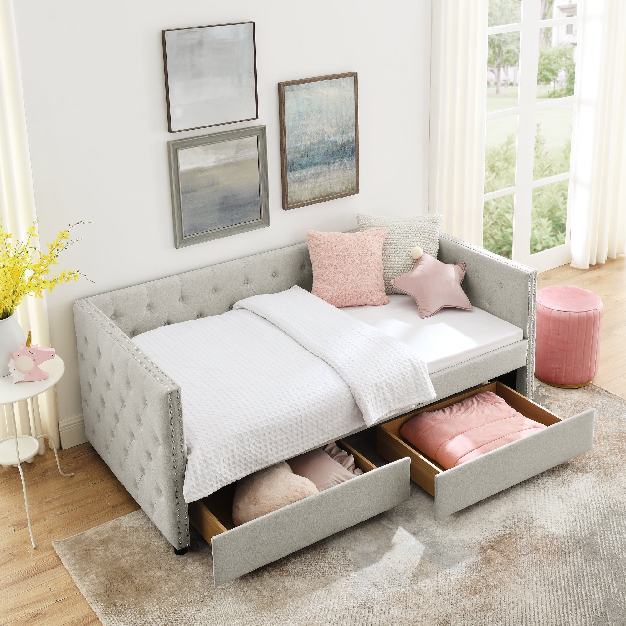 CoSoTower Upholstered Twin Size Daybed with Two Drawers, with Button and Copper Nail on Square Arms, Beige (82.75''X43''X30.75'')
