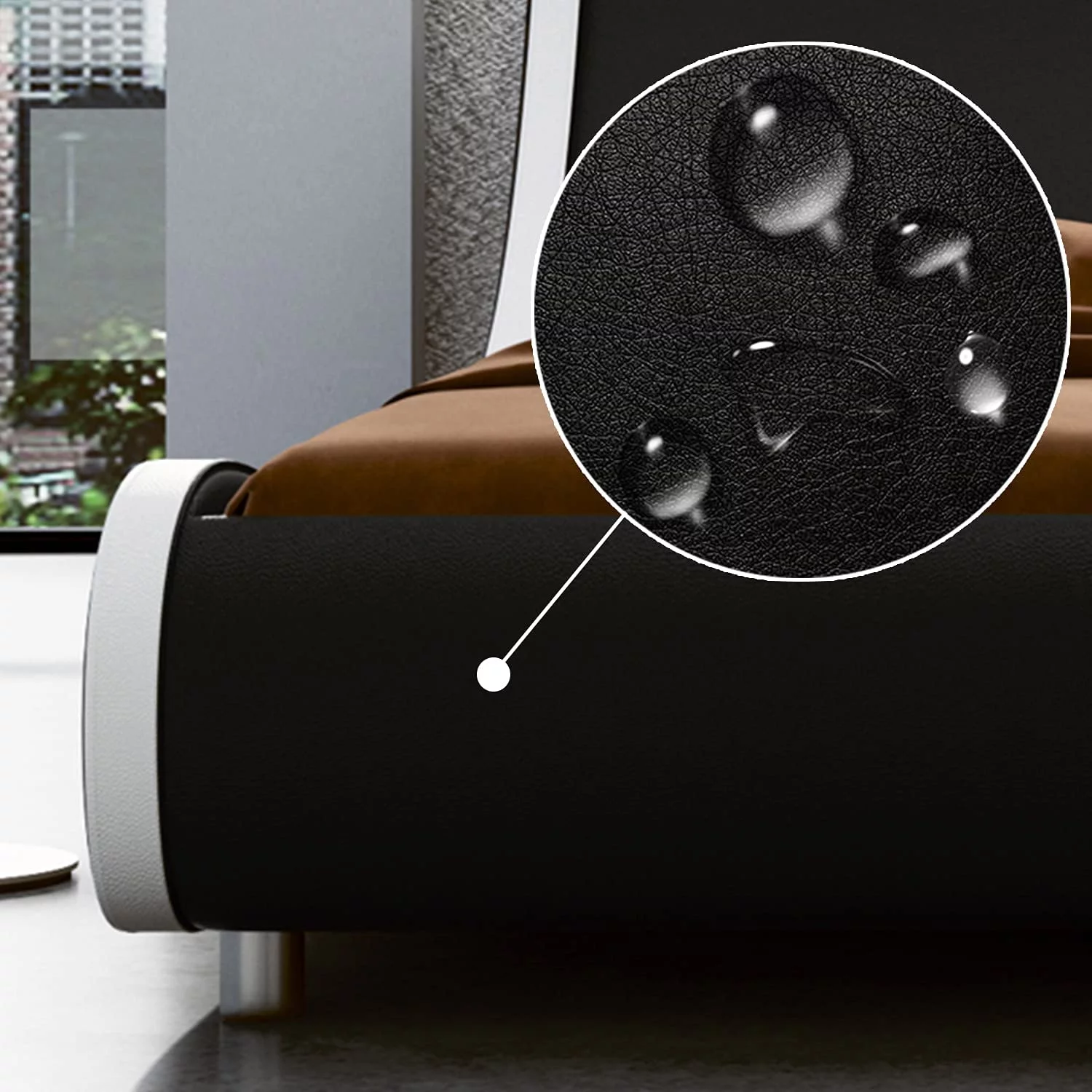 SHA CERLIN Black & White King Size Leather Platform Bed Frame with Adjustable Headboard, Adult