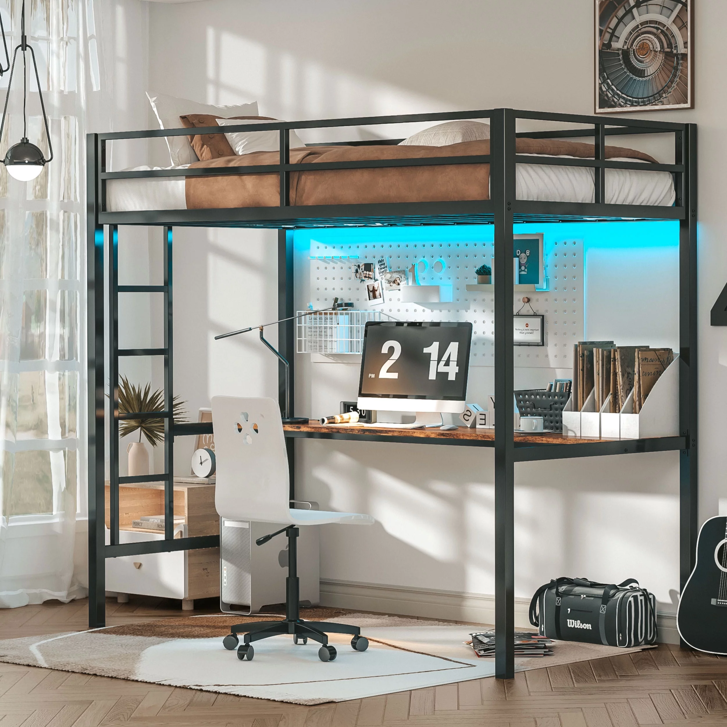 LIKIMIO Loft Bed Twin Size with Desk,Power Outlet and LED Lighted, Noise Free, Black