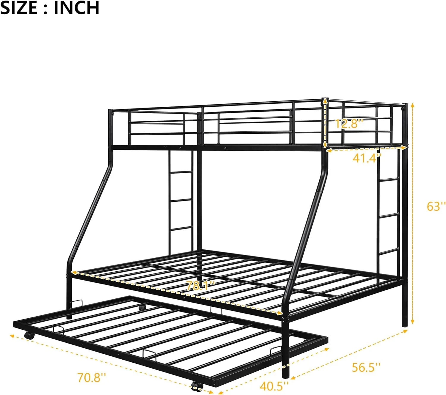 Over Full Metal Bunk Bed With Trundle, Steel Bunk Bed With Safety Guard Rails And Two Side Ladder For Kids Teens Adults (Solid Black, Over Full)