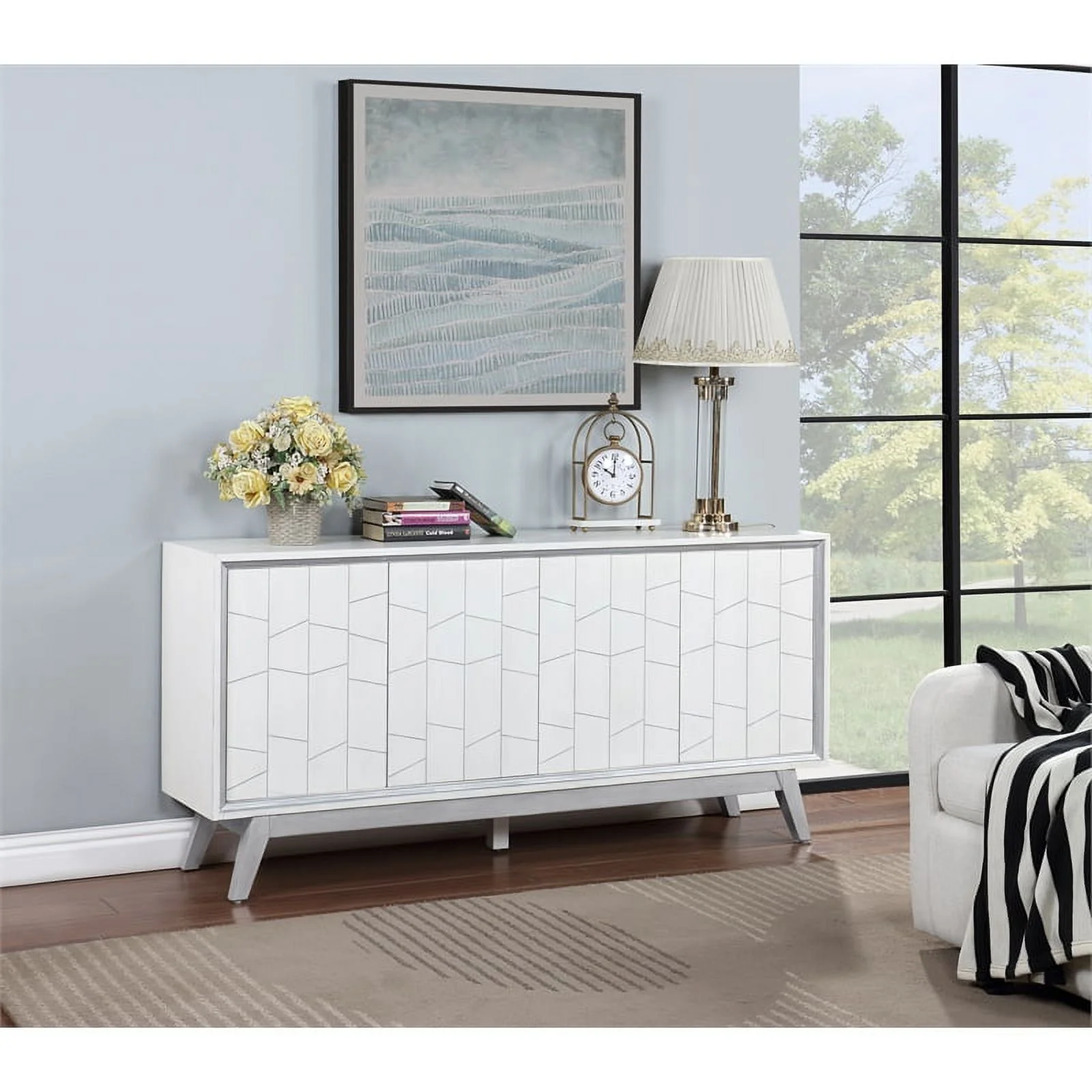 Pemberly Row Modern 4-Door Wood Credenza in White and Silver