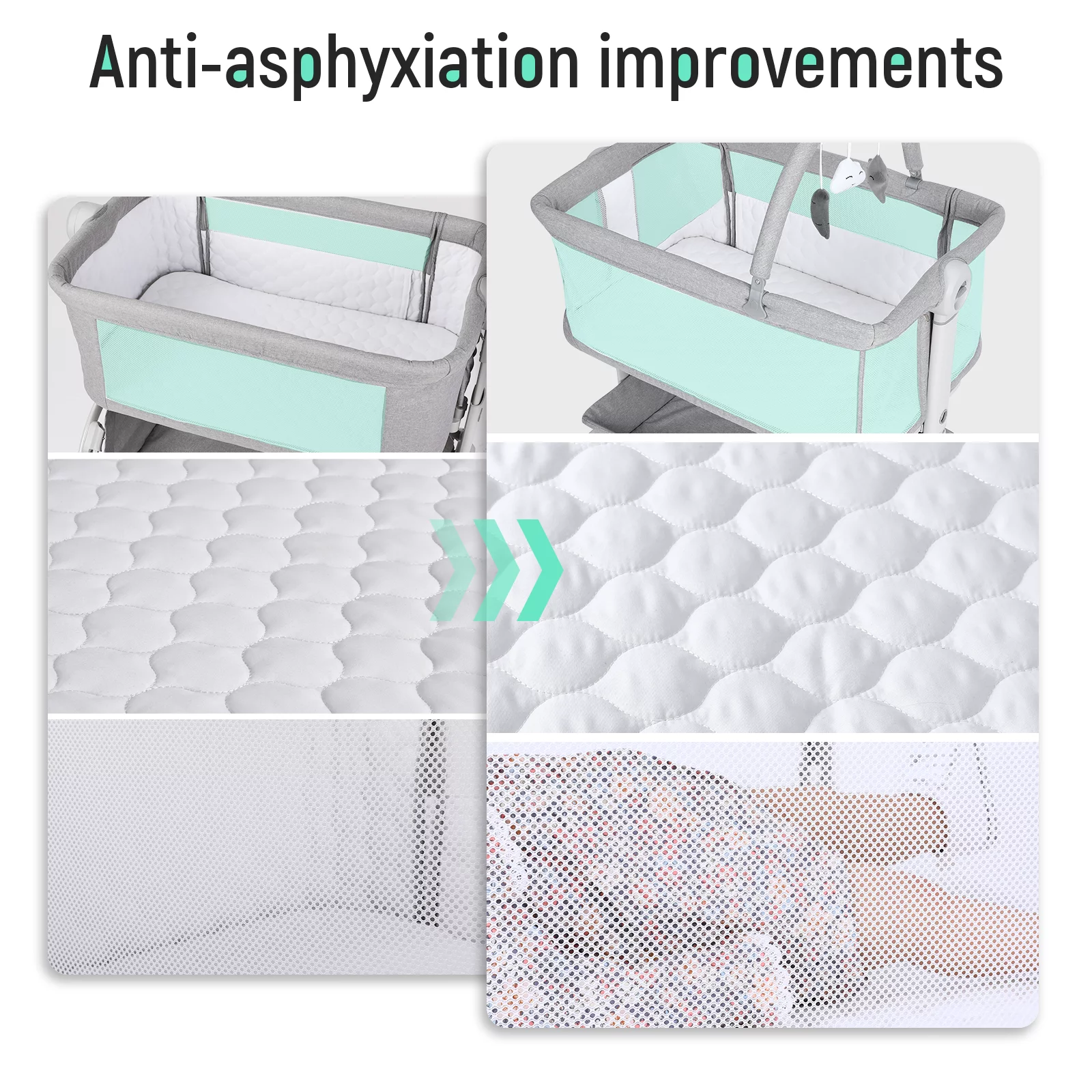 Cowiewie Baby Bassinet Bedside Crib with Storage Basket, Wheels and Toys, Portable Bassinets 0-6 Months Gray