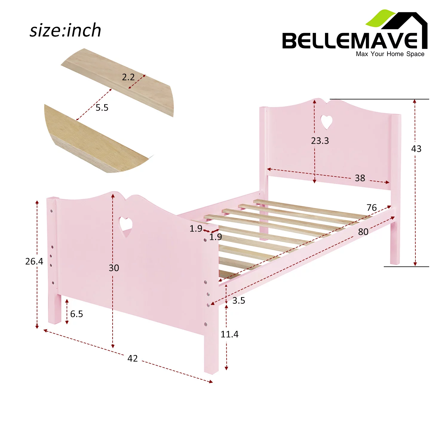 Bellemave Pink Wood Twin Size Platform Bed with Headboard, Footboard and Wood Slats for Gilrs Boys, Cute Twin Size Kids Wood Platform Bed Frame for Bedroom
