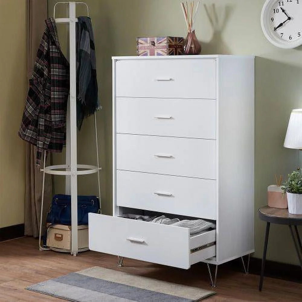 Contemporary Style Deoss Wooden Chest of 5 Storage Drawers with Wooden Case-Frame and Metal Legs, Bedroom Furniture (White)