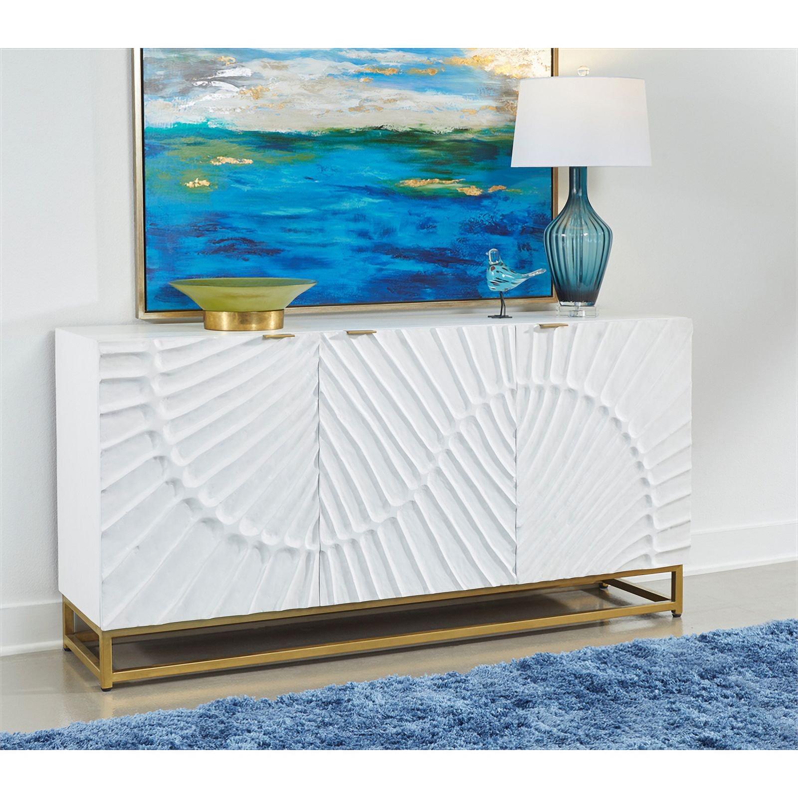 Pemberly Row Wood Storage Credenza with Gold Metal Base in White