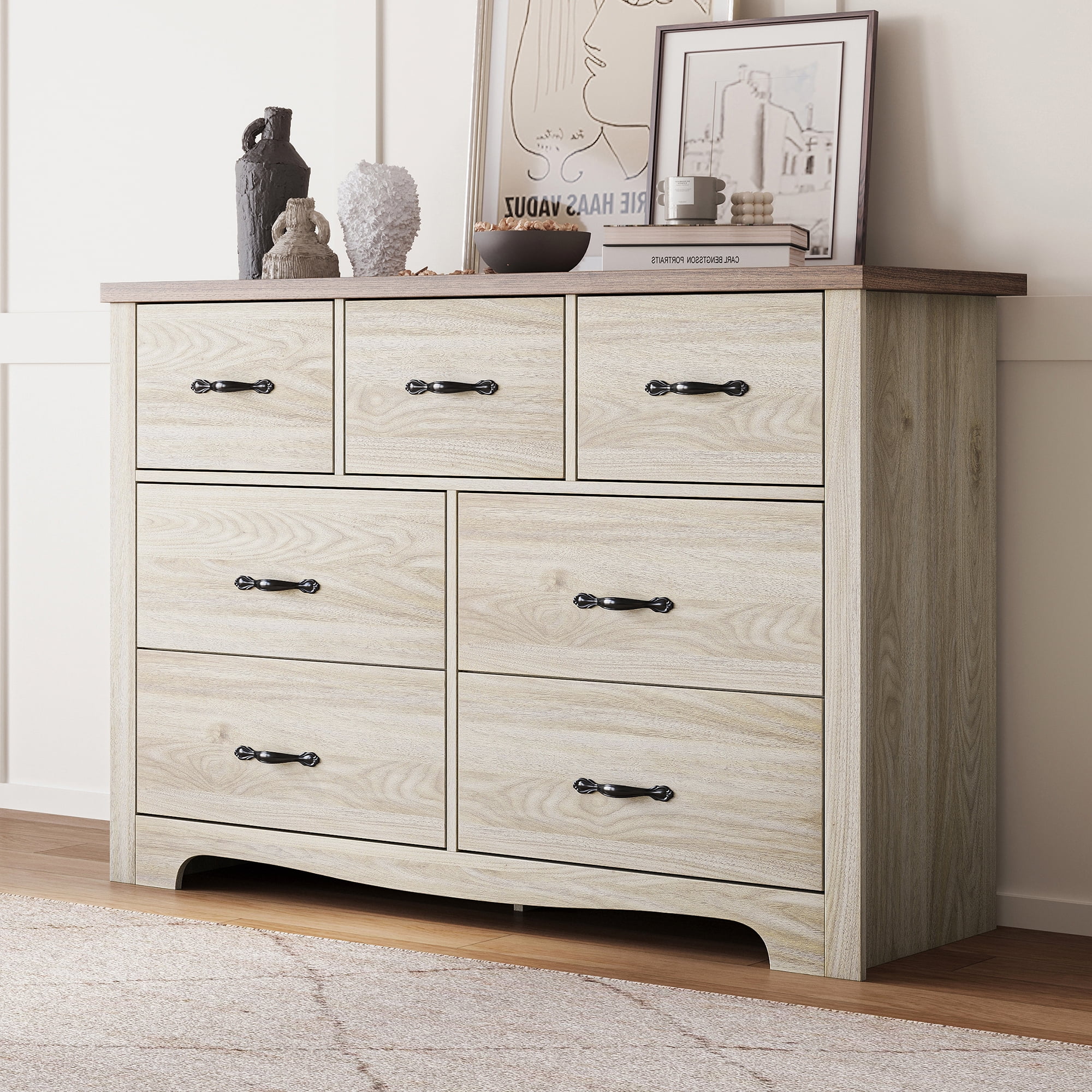 Linsy Home 7 Drawer Oak White Double Dresser, Wood Storage Cabinet with Easy Pull Out Handles for Living Room, Chest of Drawers for Bedroom