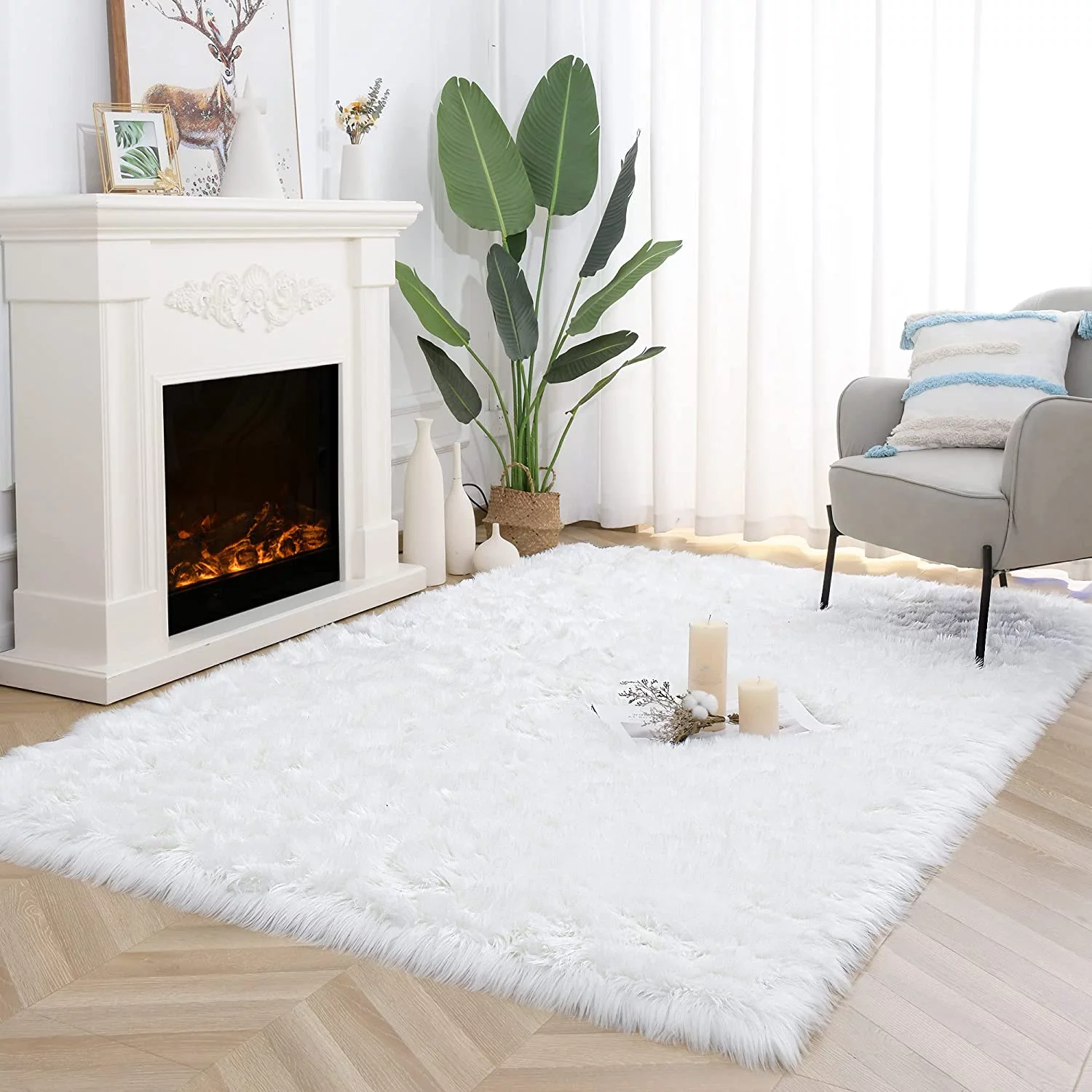 Lochas Soft Fluffy Rugs Faux Sheepskin Area Rug for Bedroom Living Room Bedside Carpet Nursery Washable Floor Mat,4'x6',White