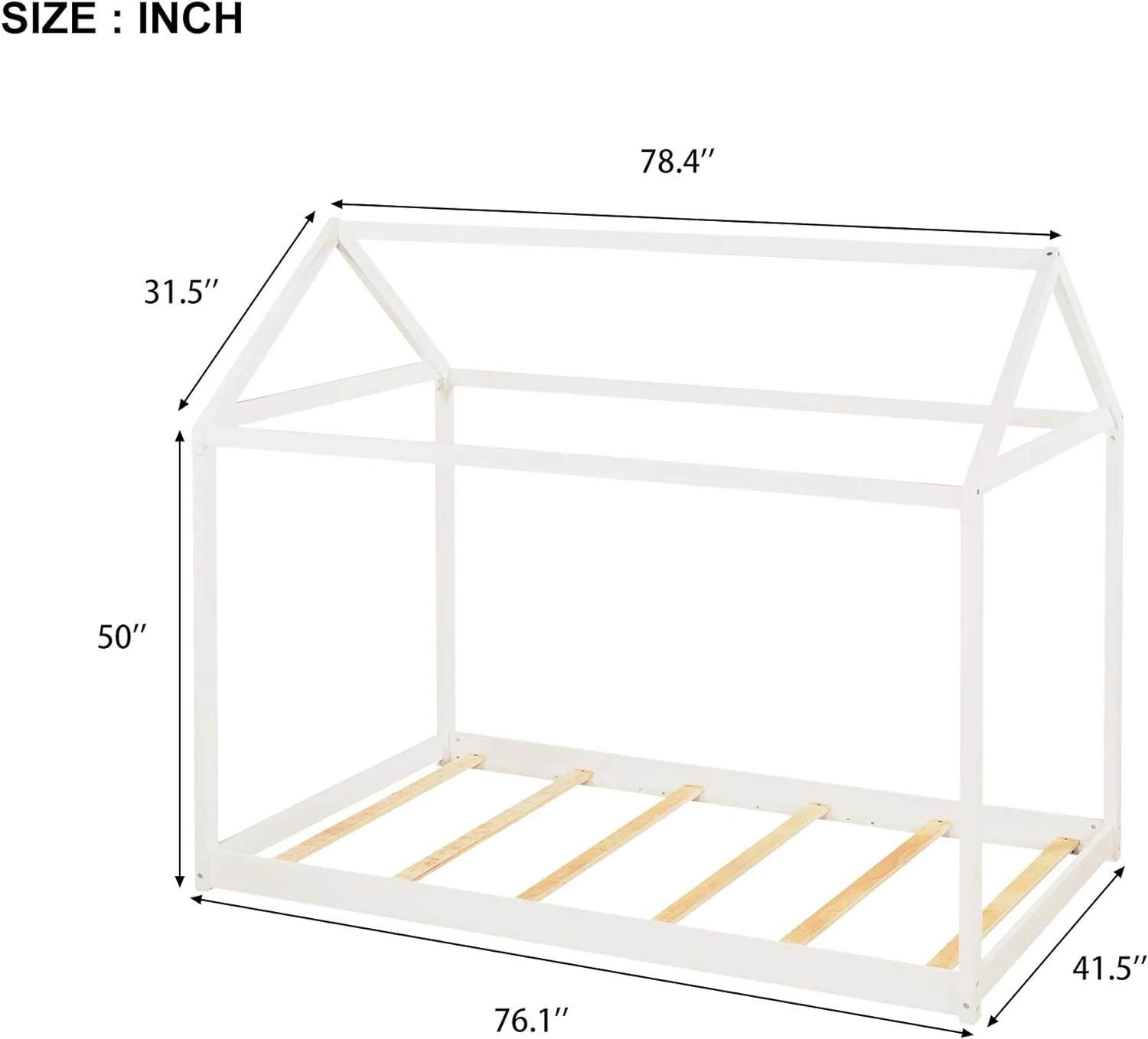 House Bed Wood Bed Frame Size With Roof For Kids, Teens, Girls, Boys, No Box Spring Needed