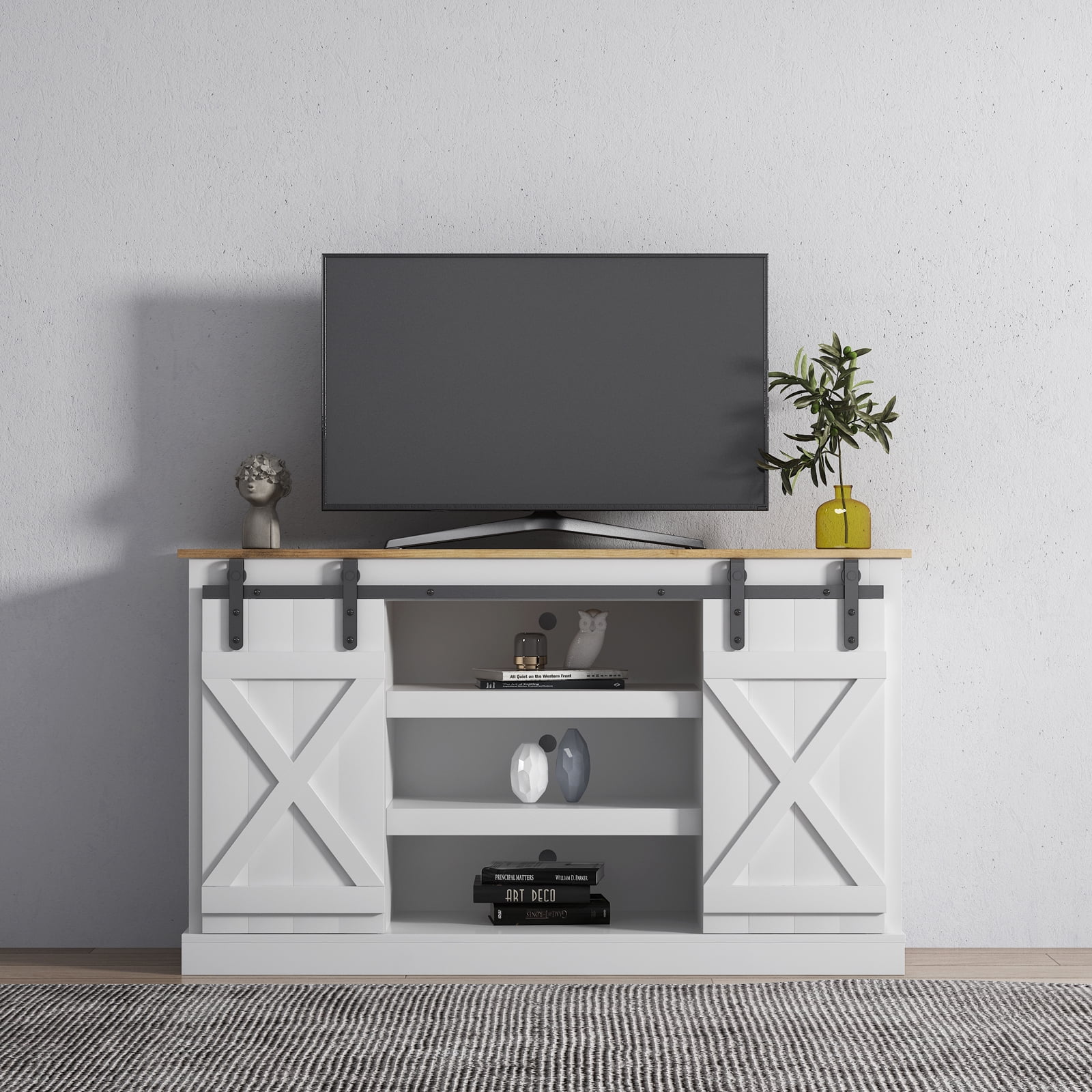White Farmhouse Sliding Barn Door TV Stand Modern Design TV Console Home Dresser Bookcase Locker Farmhouse Entertainment Center for 65 Inch TV