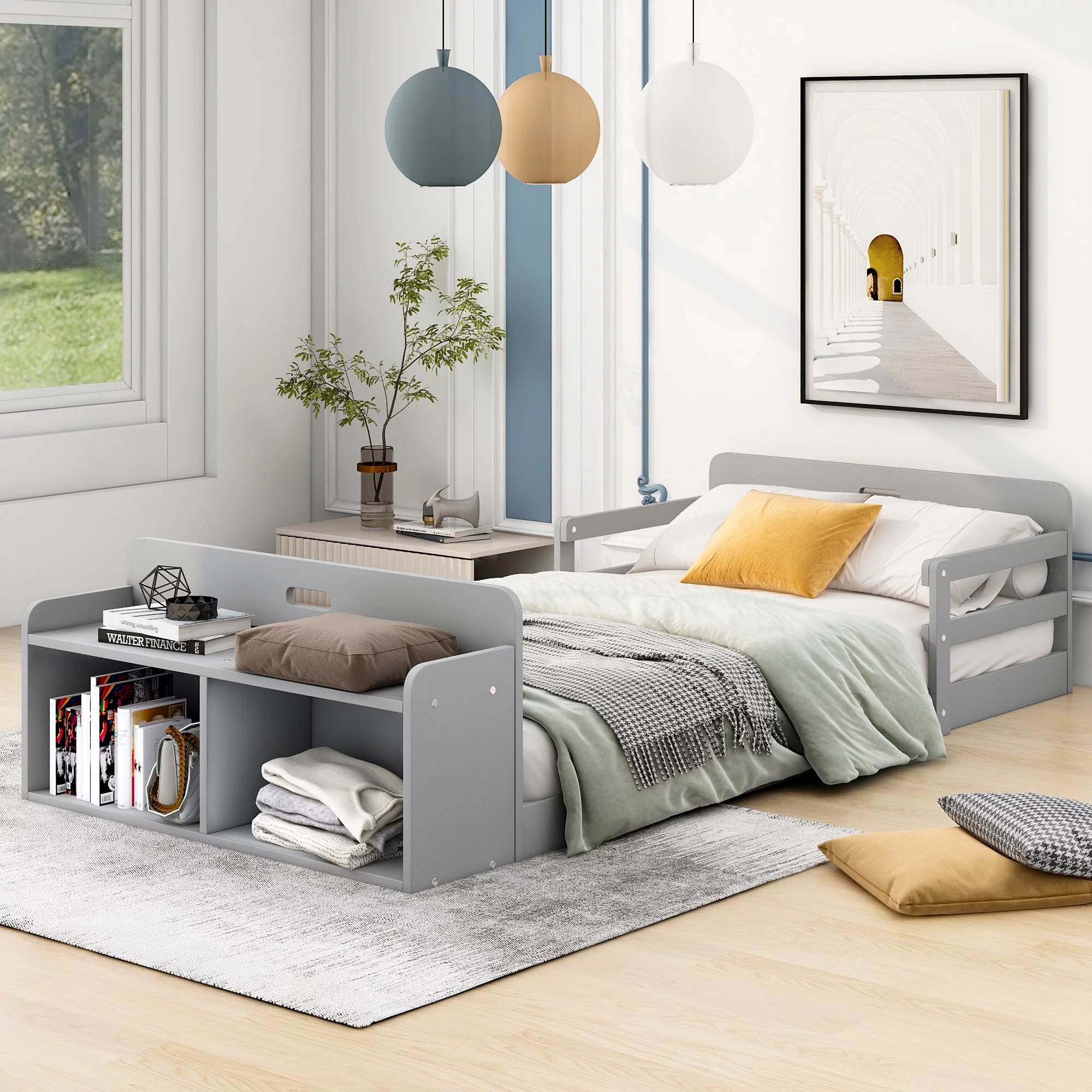 Euroco Wood Twin Size Floor Bed, Twin Platform Bed with Storage Desk and Shelf, Gray