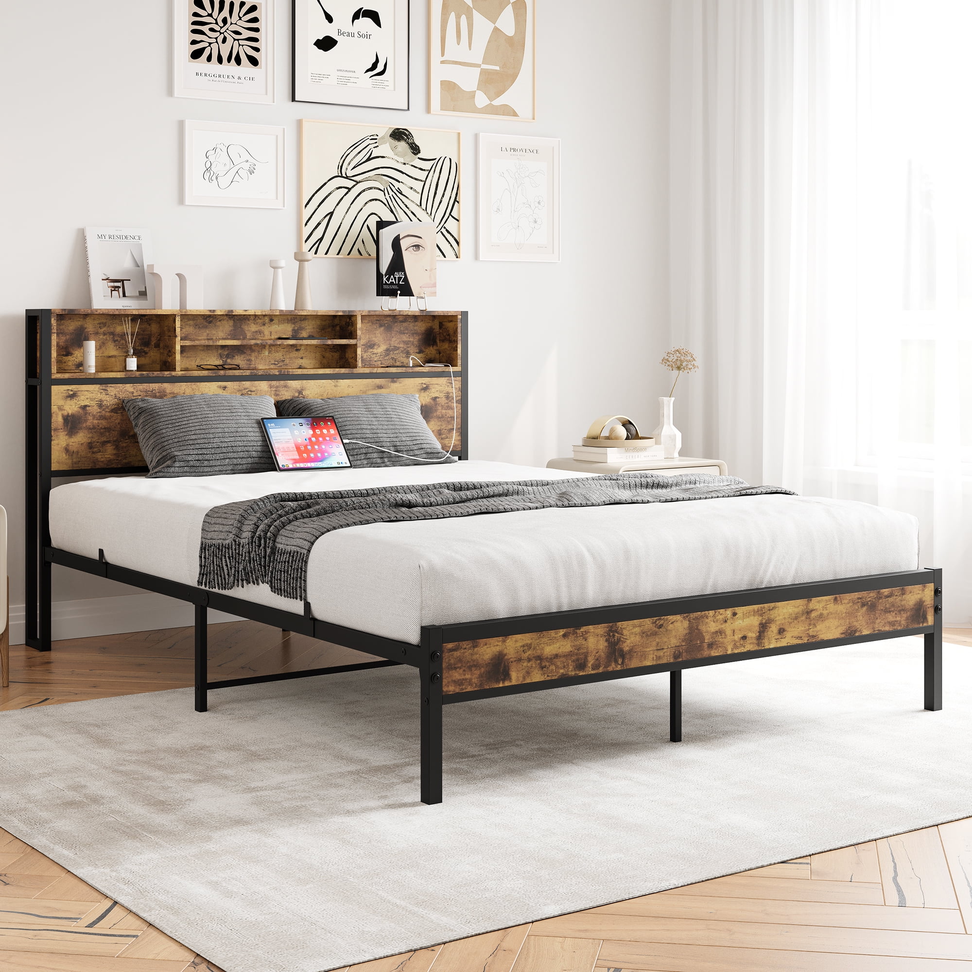 Queen Bed Frame with Storage Headboard, Metal Platform Bed with Charging Station,聽 Bookcase Storage, No Box Spring Needed, Easy Assembly, Noise-Free, Black