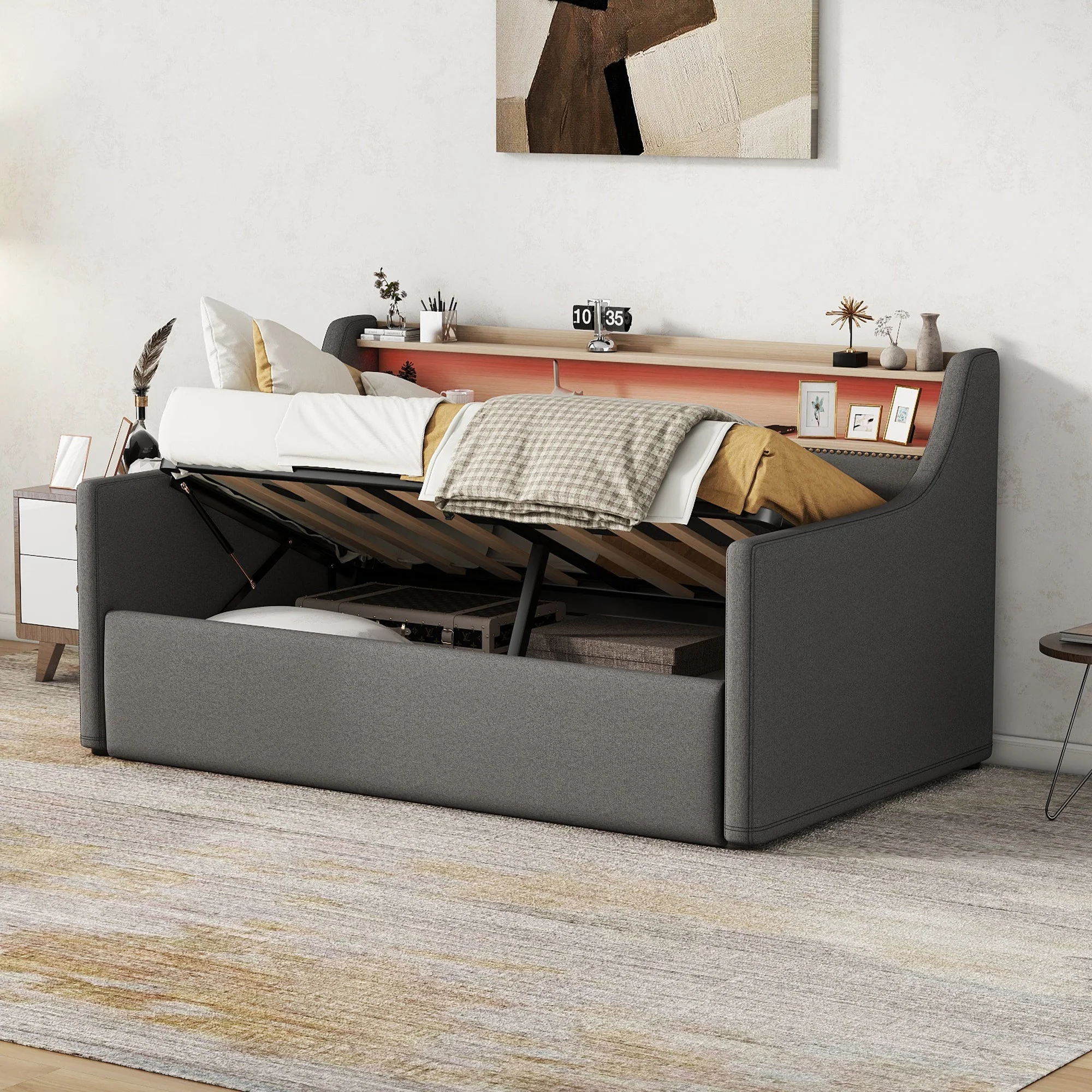 Aliza Twin Size Daybed with Hydraulic Lift Up Storage - Gray