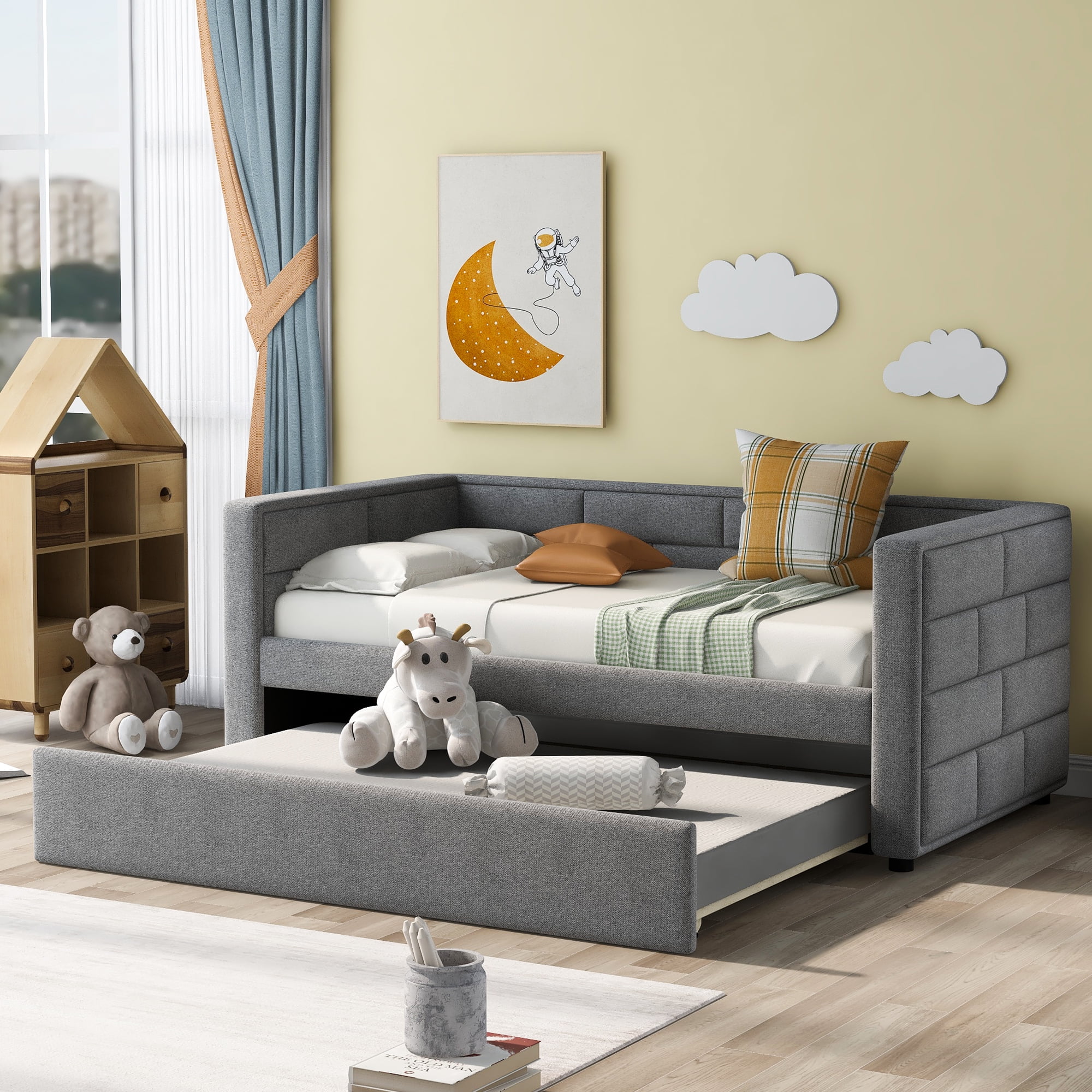 Euroco Modern Wood with Trundle Daybed, Twin, Gray