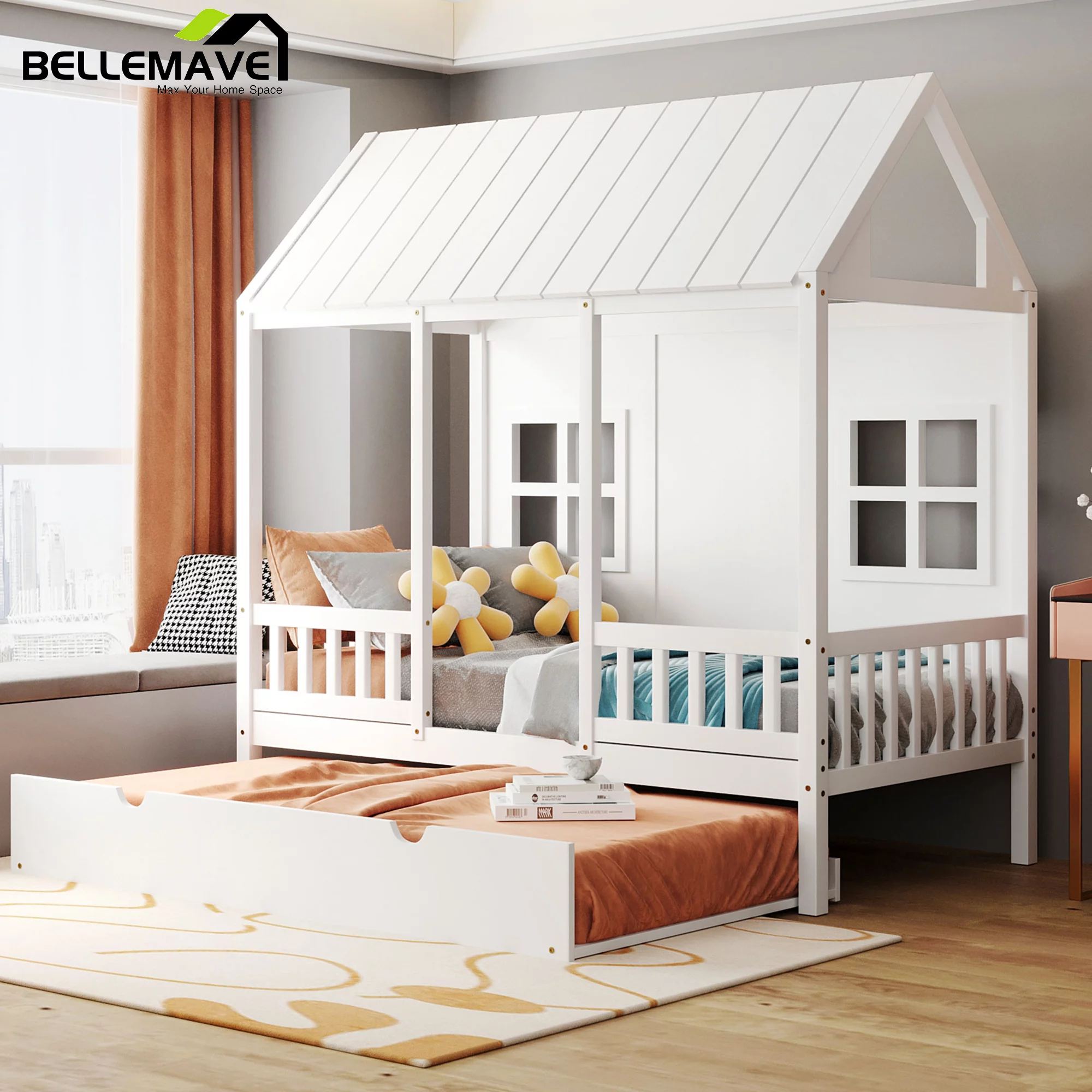 House Twin Bed Frames for Kids, Twin Size House Daybed with Trundle Bed,Twin Trundle Bed with Roof,Window and Guardrail, Wood Twin Bed for Kids, Girls, Boys,Teens(White)