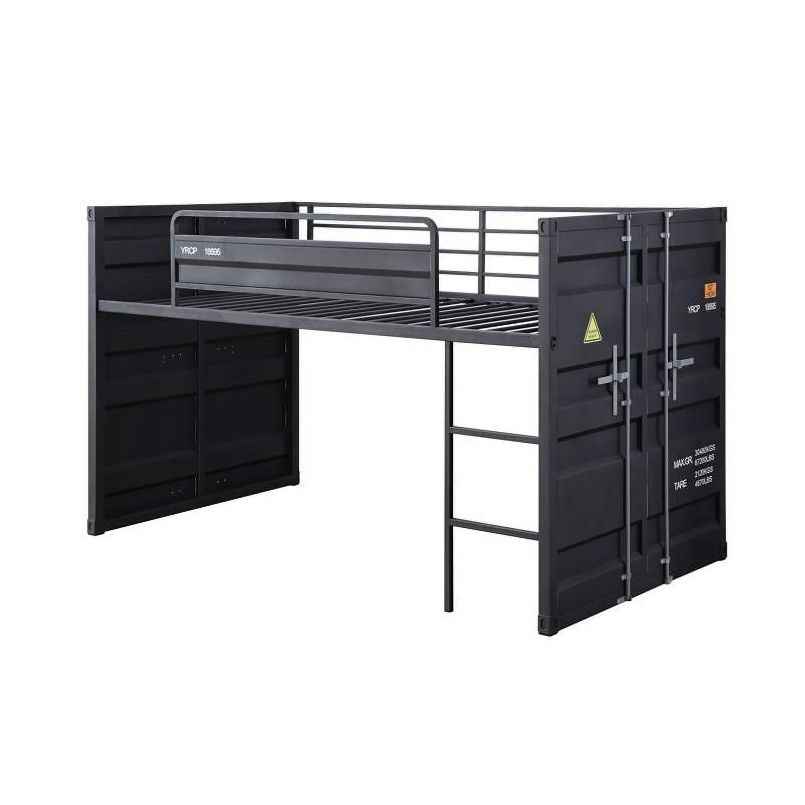 Pemberly Row Cargo Twin Metal Loft Bed with Slide and Slat System in Gunmetal