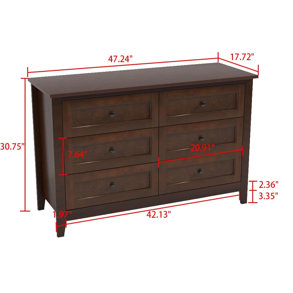 Birch Solid Wood Dresser Double Chest of 6 Drawers Bedroom Storage Brown