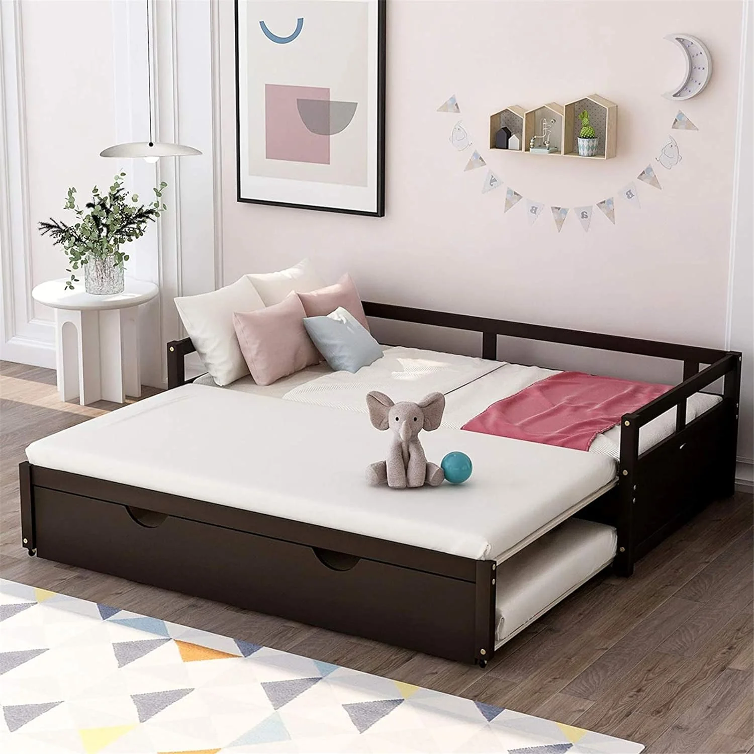Daybed With Trundle, To King Trundle Bed Extendable Design, Wooden Daybed/Sofa Bed For Bedroom Living Room,No Box Spring Needed,Espresso