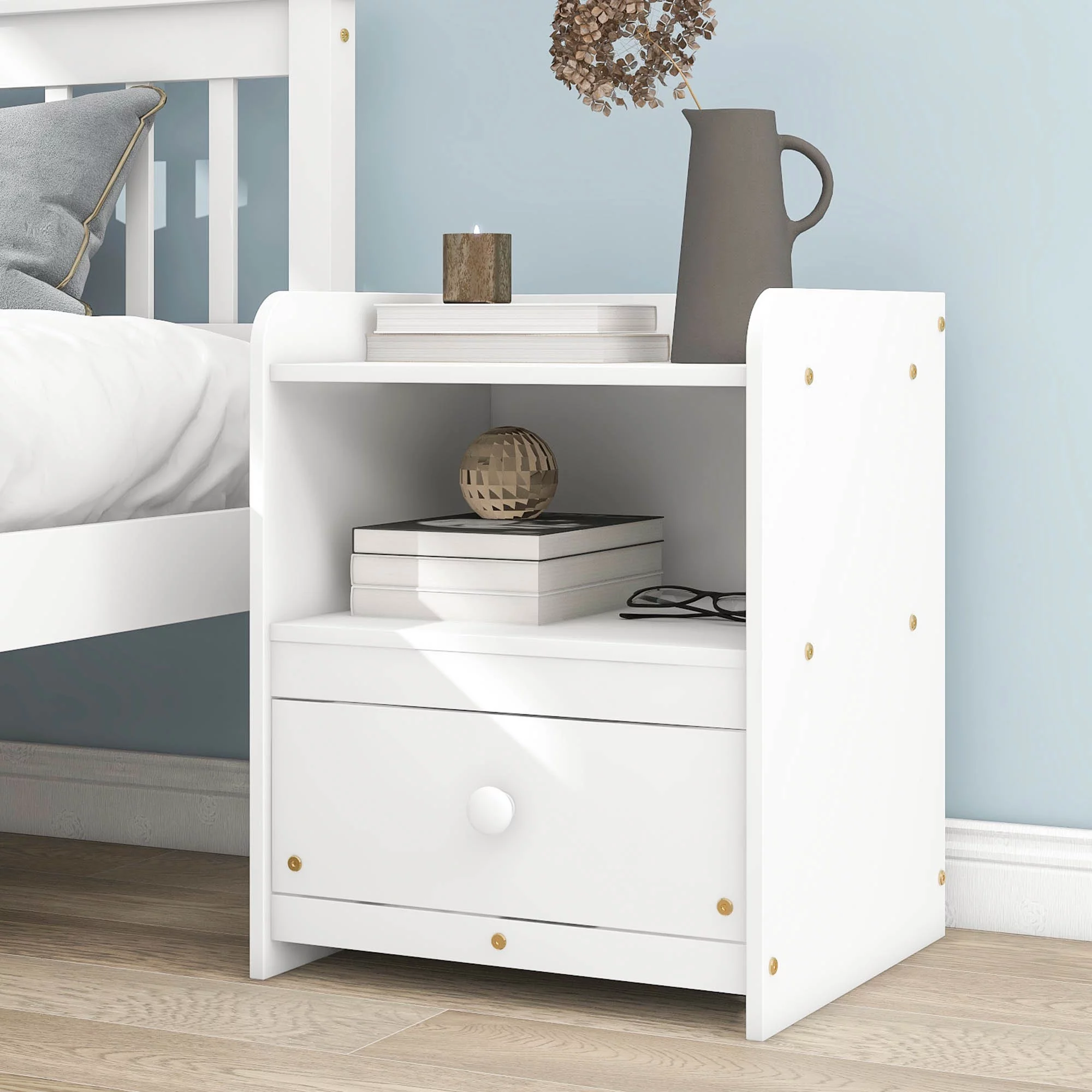 2-piece Bedroom Furniture Sets with a Nightstand for Boys and Girls, Full Size Wood Bed Frame with Headboard and Footboard for Kids Teens Adults, White