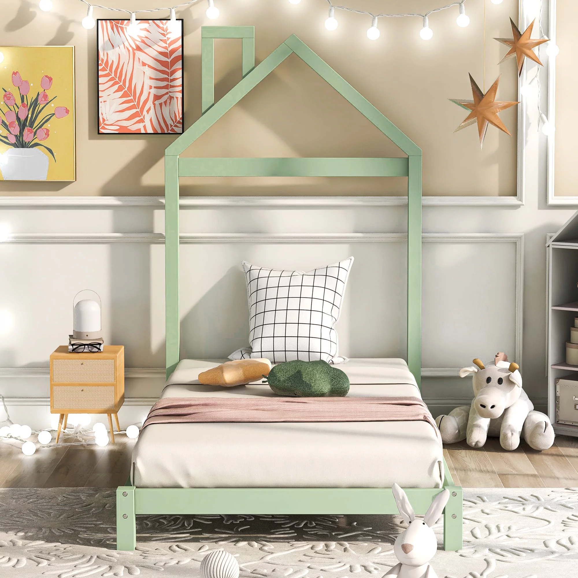 Twin Size Wood Platform Bed with House-shaped Headboard (Green)