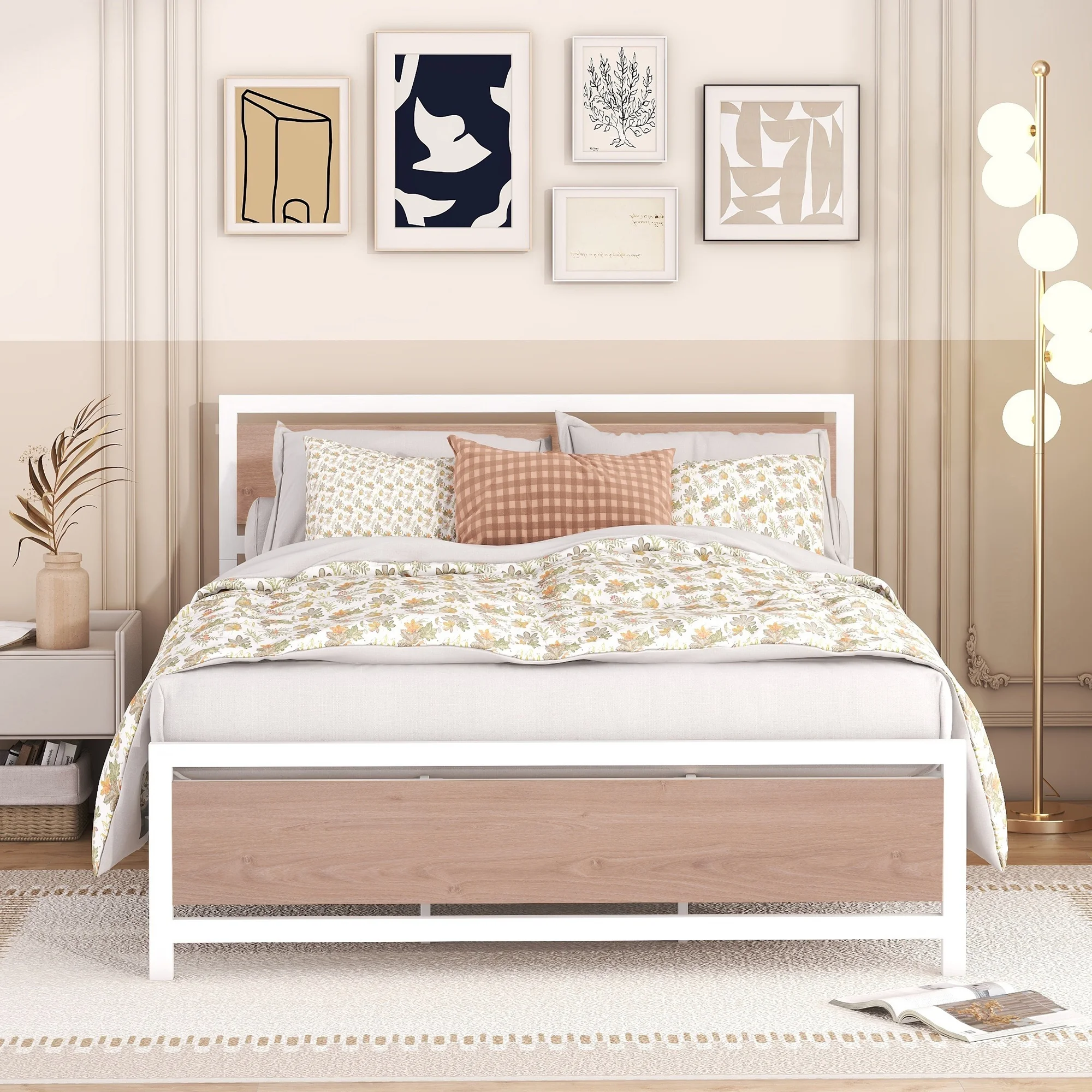 CoSoTower Queen Size Platform Bed, Metal and Wood Bed Frame with Headboard and Footboard , White