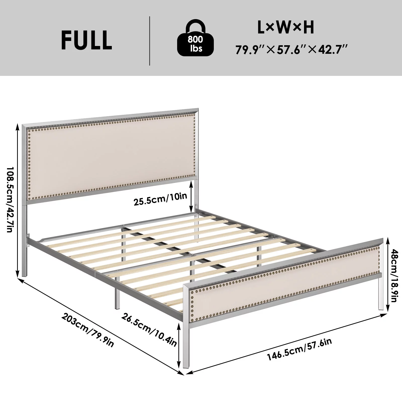 Homfa Full Size Metal Bed Frame with Velvet Upholstered Headboard, Sliver
