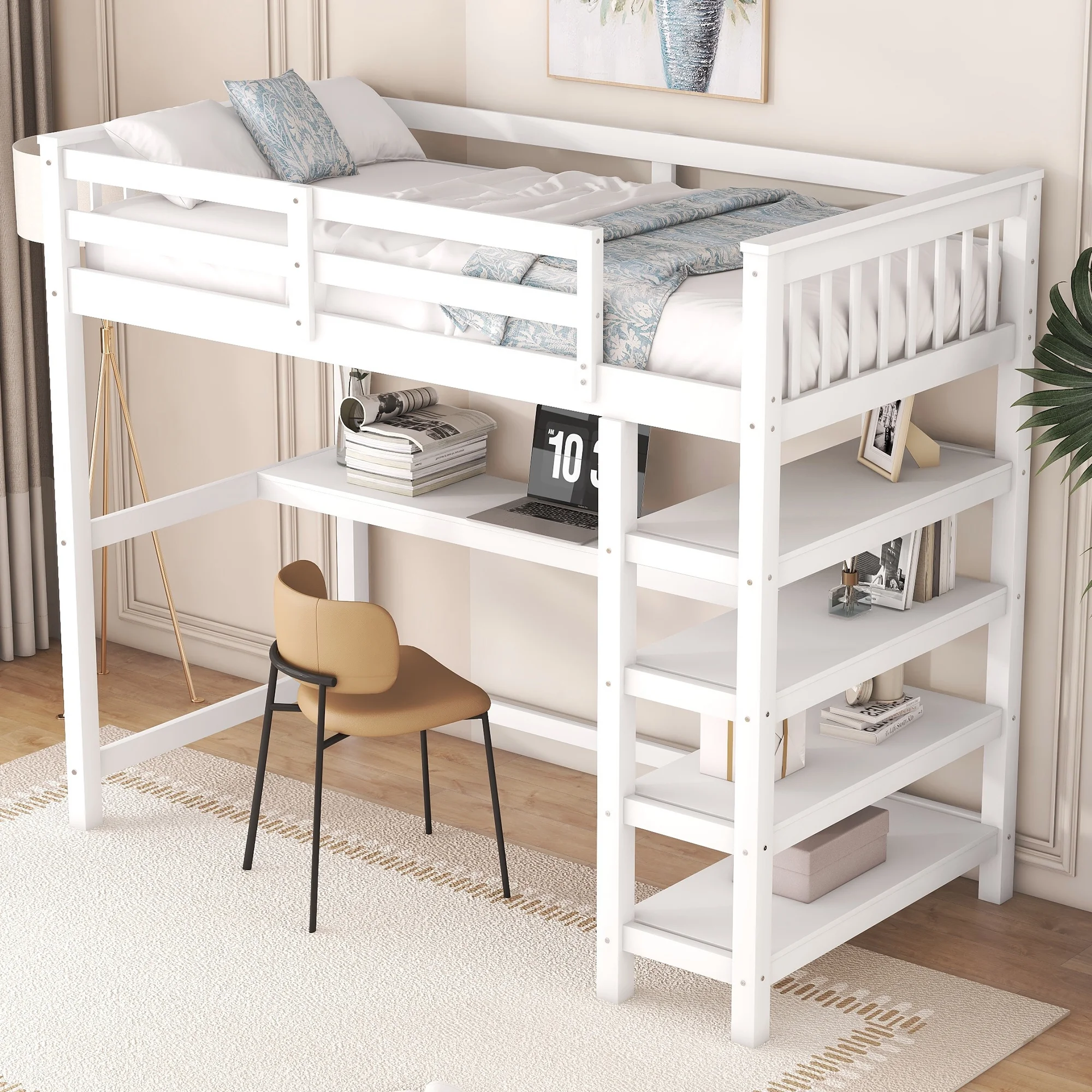 Euroco Twin Size Loft Bed with Built-in Desk and Shelves for Kids Teens Adults, White