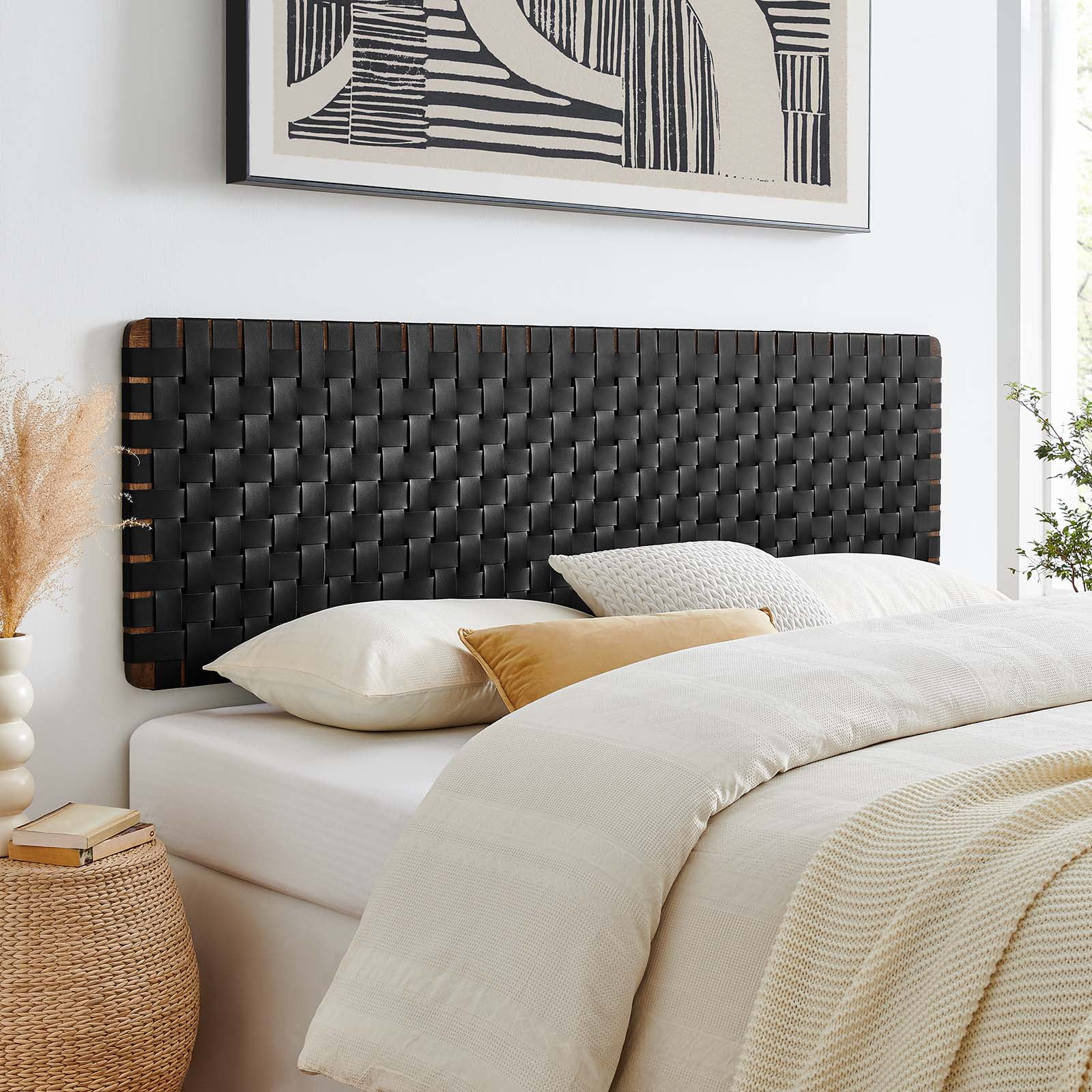 Modway Sparta Weave Wall-Mount King Vegan Leather Headboard in Walnut Black
