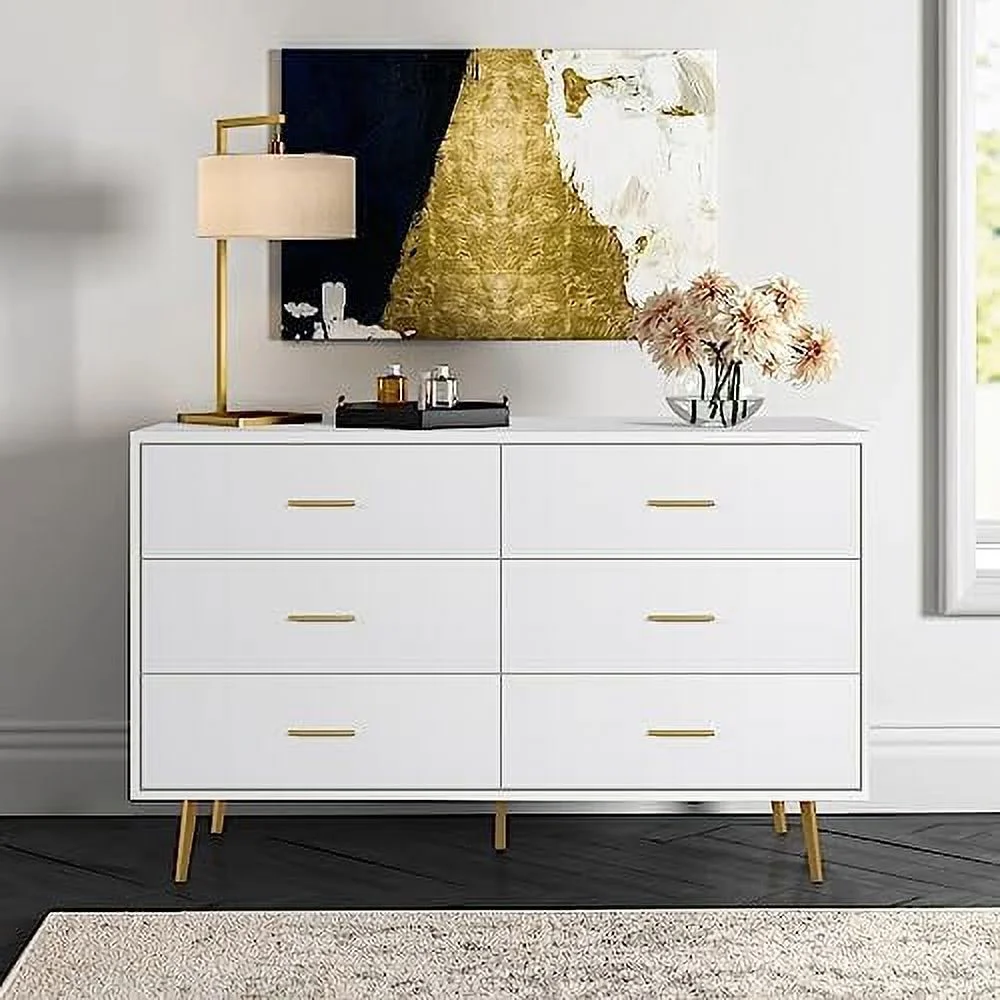 xrboomlife Wood 6 Drawers Dresser for Bedroom Mid Century Modern Chests of Drawer with Metal Handles (White1)