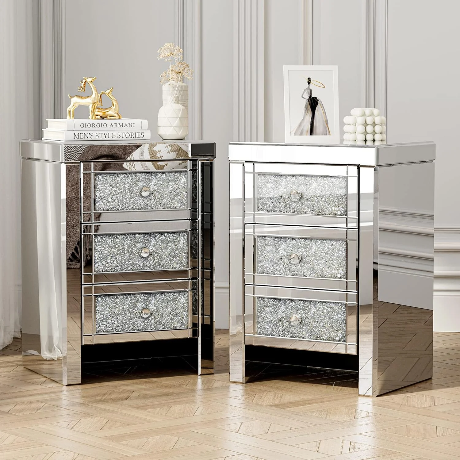 IKIFLY Mirrored End Table Set of 2, Mirror Crystal Accent Side Table w/3 Drawers, Finished Nightstand for Living Room/Bedroom (2pc, Silver&Crystal)