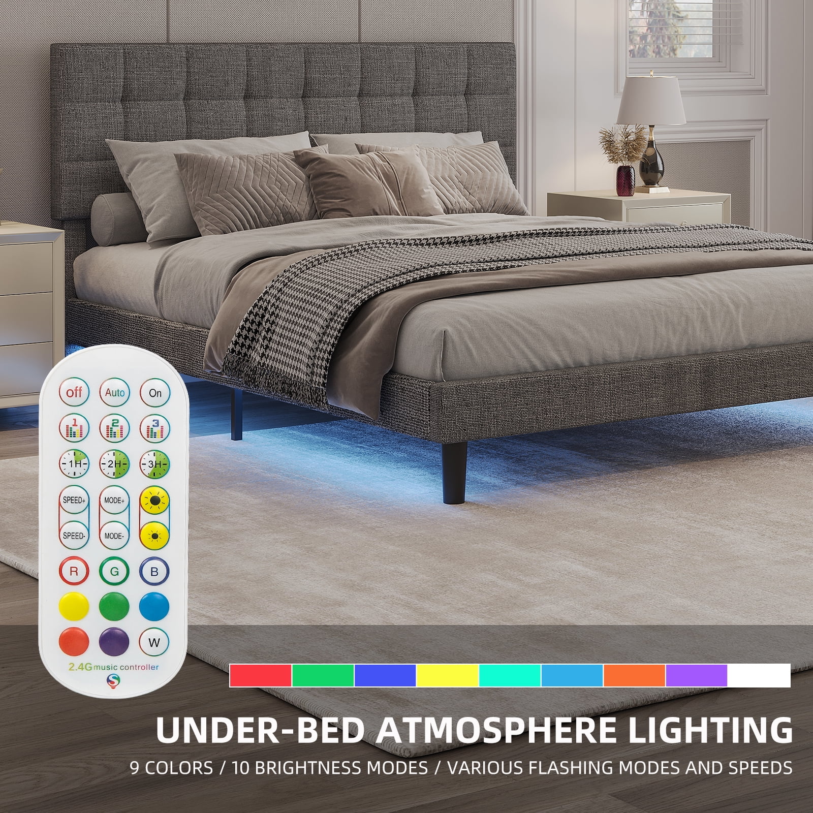 Upholstered Platform Bed, Queen Size Bed Frame Panel Bed - 43 inch Faux Leather Bedroom Platform w/LED Light Headboard 16 Color Changing LED Lights
