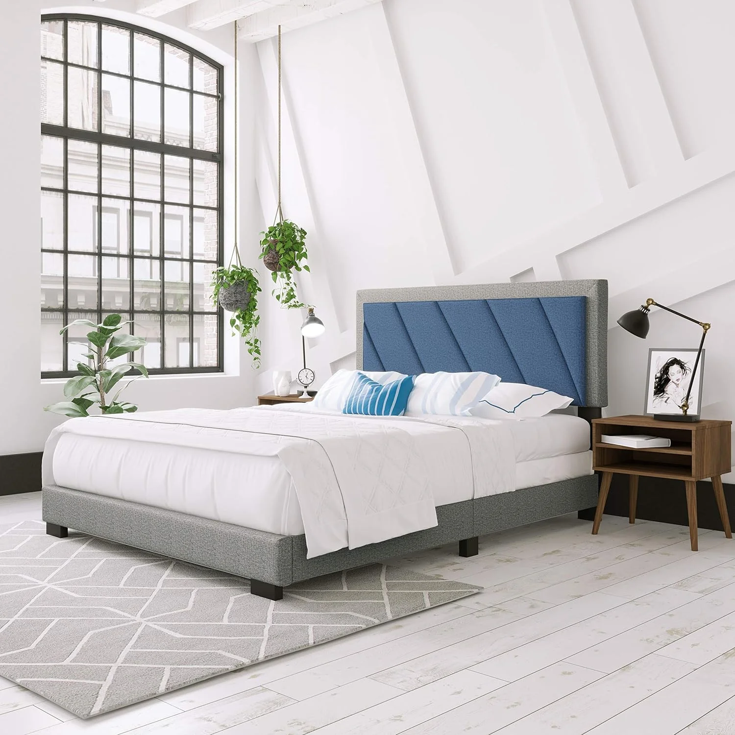 Diagonal Upholstered Platform Bed With Headboard And Durable Mattress Foundation With Strong 4 Wood Slat Supports, Box Spring Required: King, Blue/Gray