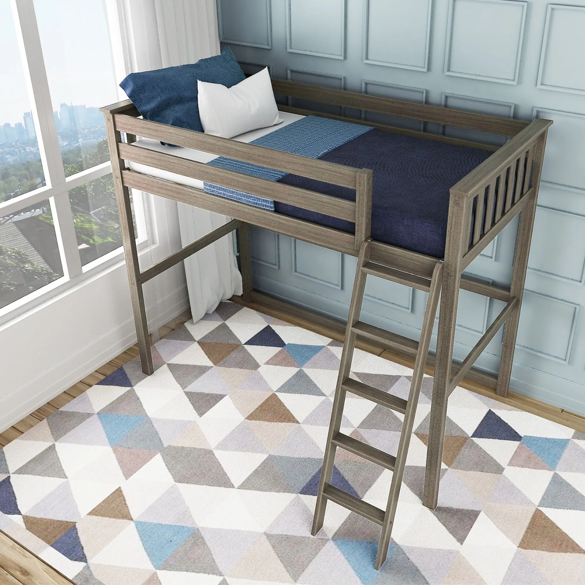 Max & Lily Twin Loft Bed, Modern Solid Wood High Loft Bed with Ladder for Kids, Clay