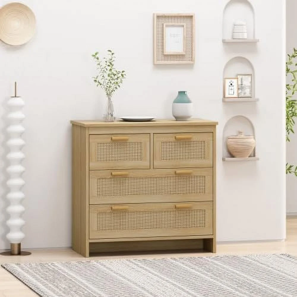 NLIBOOMLife Cabinet with Rattan Drawer 4 Drawer Dresser for Living Room Buffet Cabinet Console Table for Bedroom Entryway Dining Room