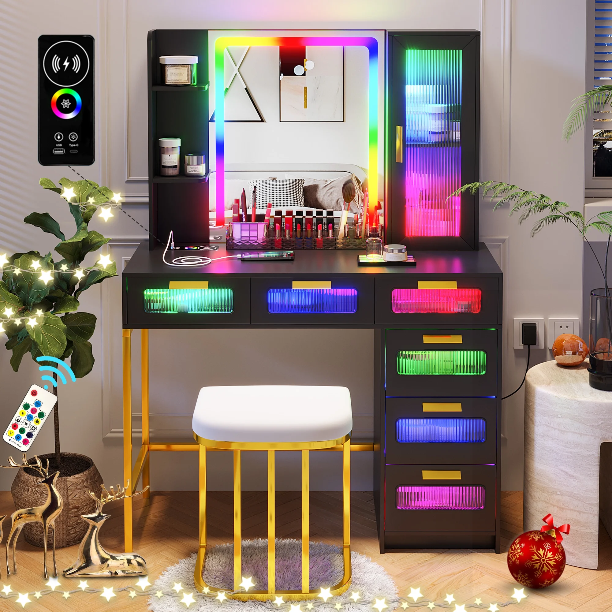 HNEBC RGB Vanity Desk with Dazzling Lights and Mirror, Makeup Vanity Set with USB/Type-C/Wireless Charging, Vanities Dressing Table as a for Women, (6Drawers, Black)