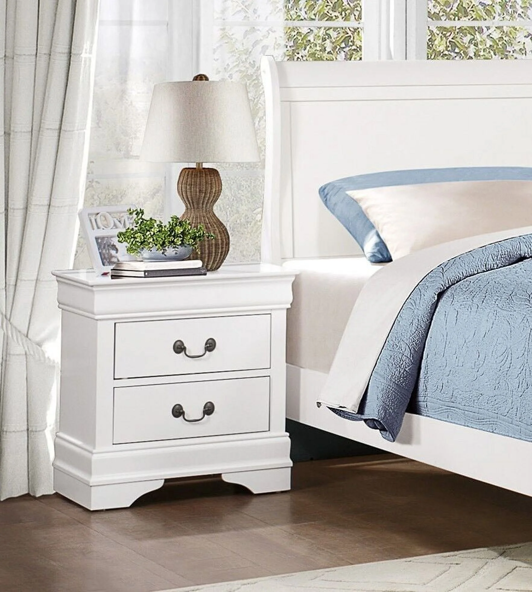 Classic Louis Philippe Style Bedroom 4pc Set Twin Bed Nightstand Dresser Mirror Traditional White Finish Furniture