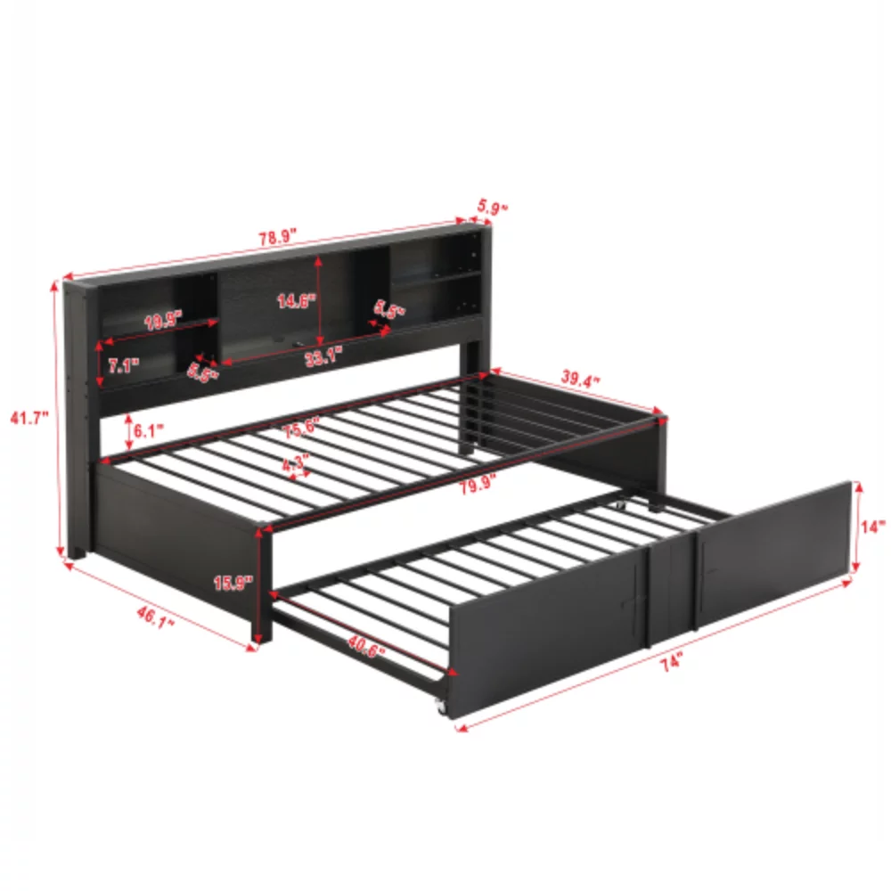 Twin Size Daybed with Twin Size Trundle, Storage Shelves and USB Ports, Black